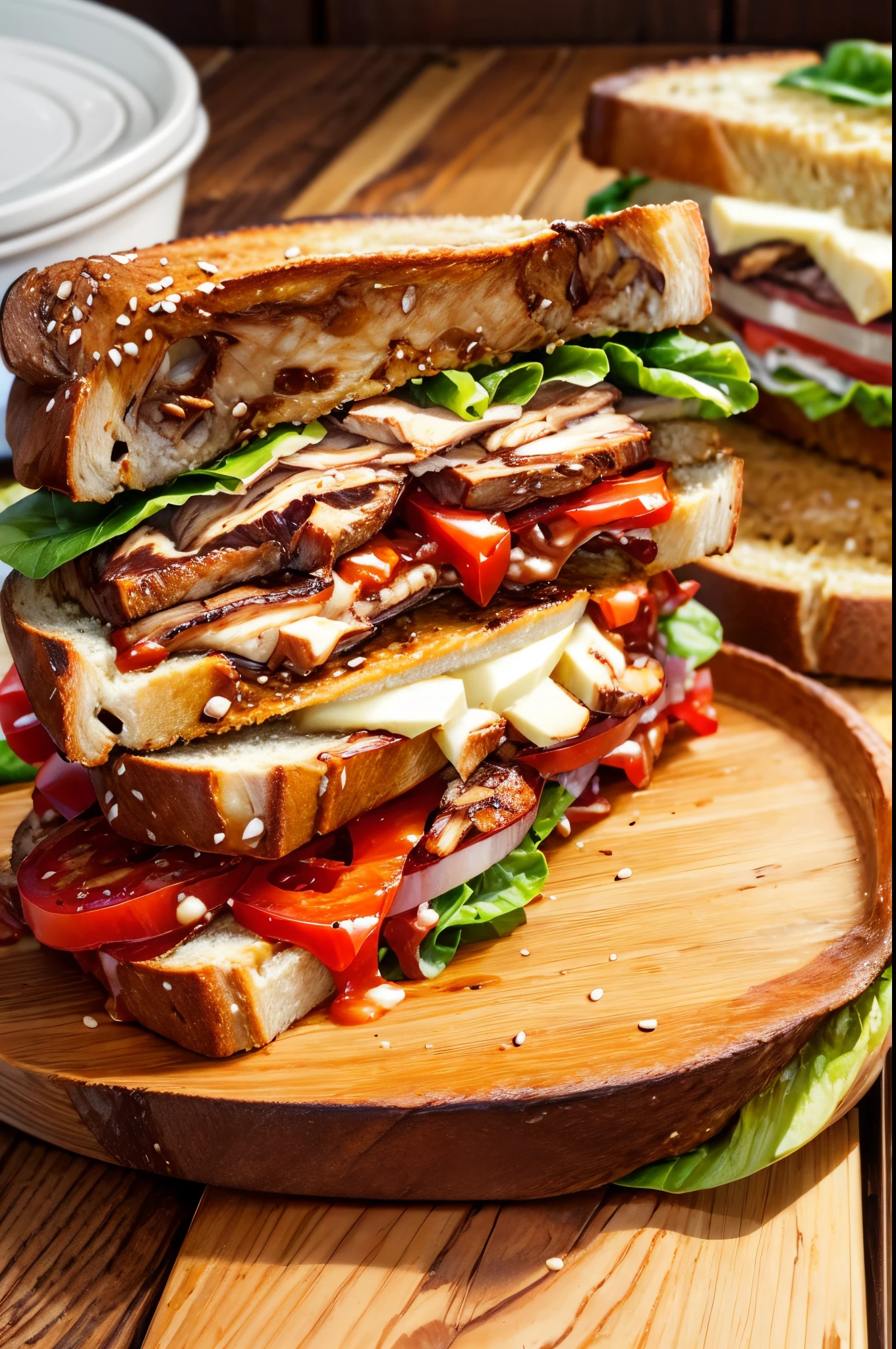 Bread, toast, sandwich, ((Chicken Steak)), ((lettuce)), onion, tomato, sauce, wooden board