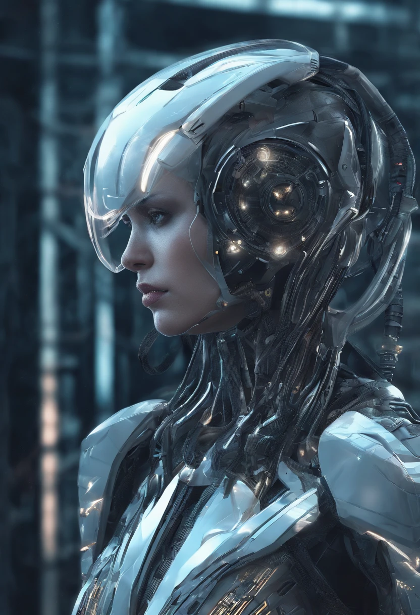 photo Raw, realistic, realism, Super detail, (female Protogen),cyberpunk,mechanical,glowing eyes,metallic surface,digital display,advanced technology,futuristic,neon lights,electromagnetic field,sharp edges,streamlined design,digital organism,biomechanical,mysterious atmosphere,glass visor,enhanced senses,energetic pose,invisible circuits,holographic projections,colorful wires,female cyborg