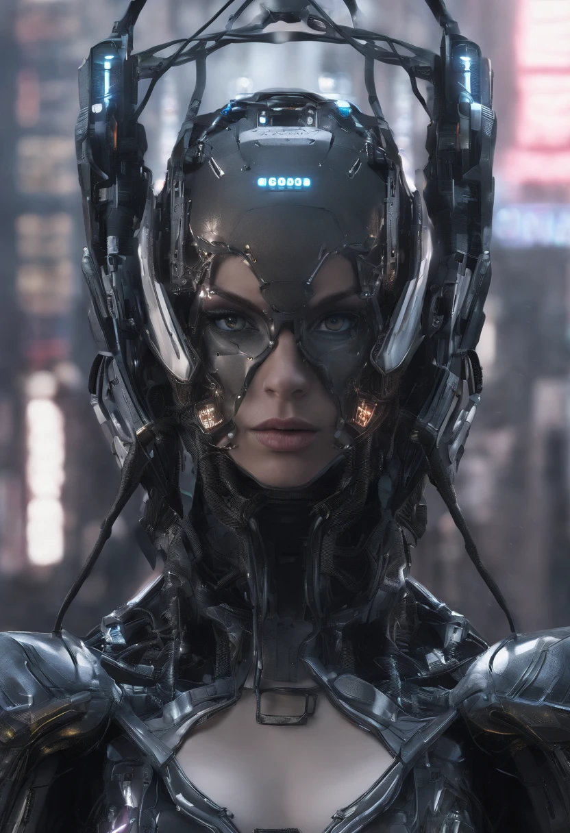 photo Raw, realistic, realism, Super detail, (female Protogen),cyberpunk,mechanical,glowing eyes,metallic surface,digital display,advanced technology,futuristic,neon lights,electromagnetic field,sharp edges,streamlined design,digital organism,biomechanical,mysterious atmosphere,glass visor,enhanced senses,energetic pose,invisible circuits,holographic projections,colorful wires,female cyborg