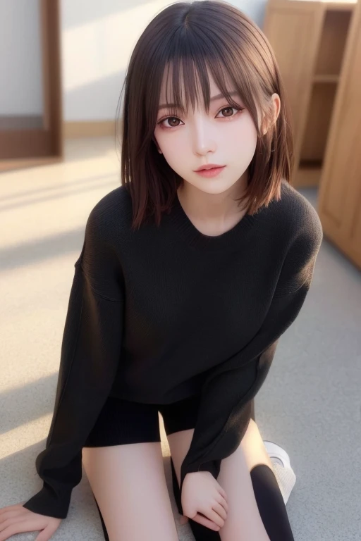 超A high resolution,masutepiece,Best Quality,
extremely delicate face,Detailed eyes,very intricate,perfect glossy shiny skins,Perfect Lighting,Detailed Lighting,Dramatic shadows,Ray tracing,
1girll,full body Esbian,Black sweater,medium breasts⁩、