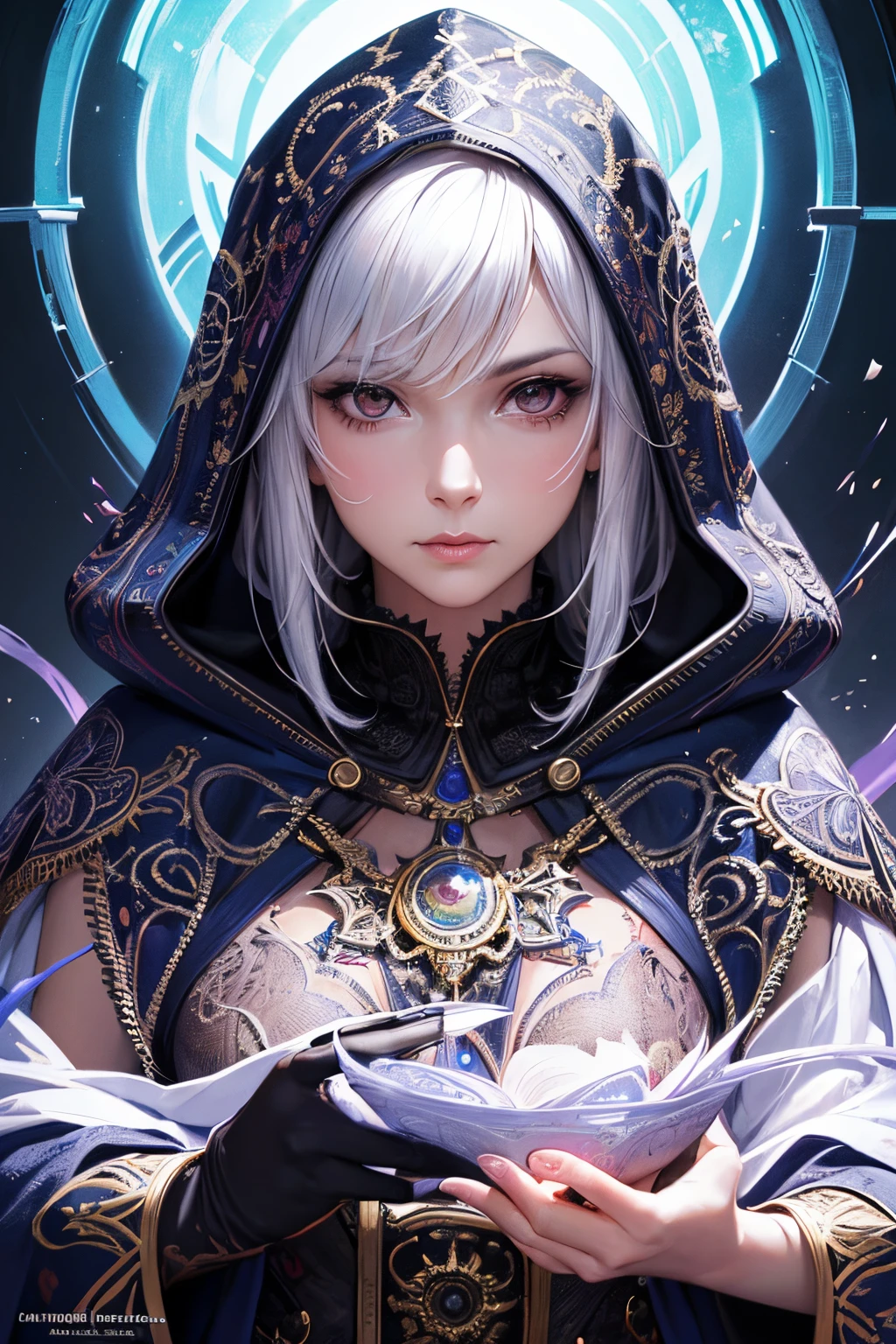 Portrait of an adult woman wearing a colorful hooded robe, non-centered shot, unique pose, intricate, elegant, highly detailed, digital painting, artstation, concept art, smooth, sharp focus, illustration, style art by Luis Royo,
