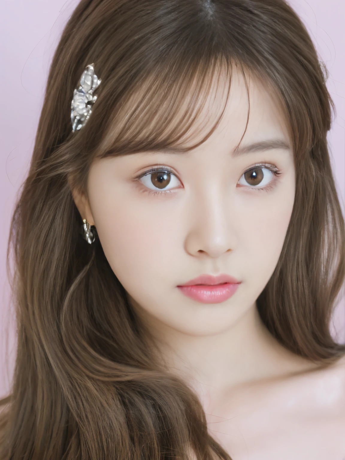 Photorealistic, Realistic, Best Quality, Ultra High Resolution, Depth, pastel color, Natural Shading, Focus on Face, only face, Looking at Viewer, Long hair, hairaccessories, Black hair, brown and detailed eyes, Dress