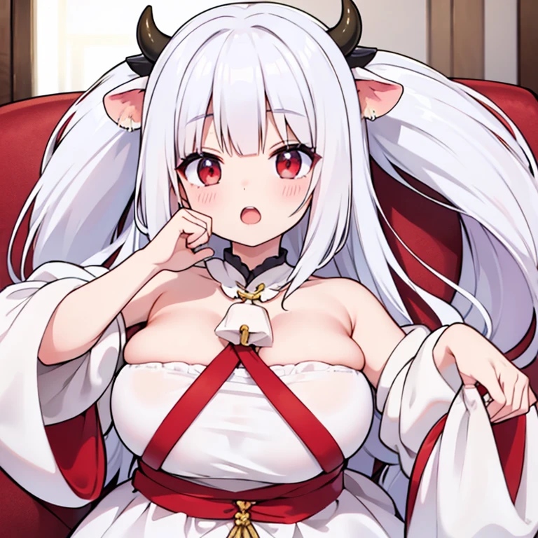 white  hair　hime-cut　red eyes　double tooth，cow ears　a cool