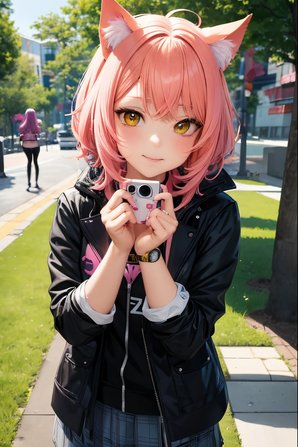 anime girl with pink hair and a black jacket posing for a picture, beautiful anime catgirl, anime visual of a cute girl, cute anime catgirl, anime style 4 k, anime girl with cat ears, portrait of cute anime girl, portrait of an anime girl, cute anime girl portrait, anime catgirl, anime style portrait, cute anime girl, portrait anime girl