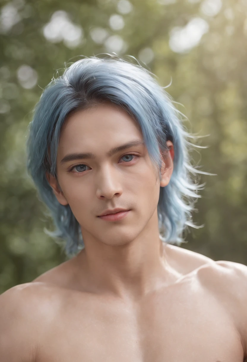(((tmasterpiece))), (((Best quality at best))), ((ultra - detailed)), (Highly detailed CG illustration), ((Extremely Delicately Beautiful)), 电影灯光,((1人)), Alone, (The upper part of the body), (Character focus), absurd res, hight contrast, extremely detaile, Colorful, The most detailed, scientific fiction, (lightblue hair), eBlue eyes, sixpack abs, broad chest, Shirtless, Add details,