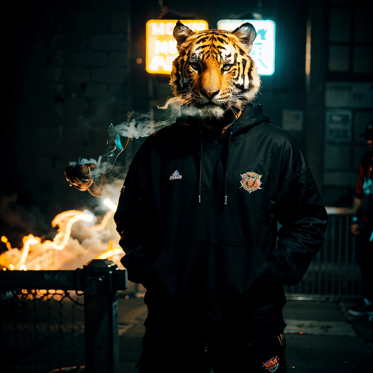 A tiger, wearing streetwear, look cool and mysterious, high quality, smoking, a lot of smoke, neon lights ,high detail, 8k