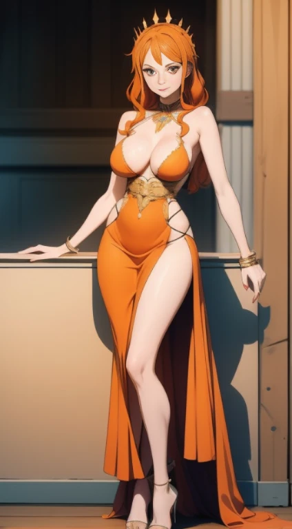 Beautiful woman in intricate Avant-Garde and Sculptural Outfit boobs medium orange hair & eyes naked full body