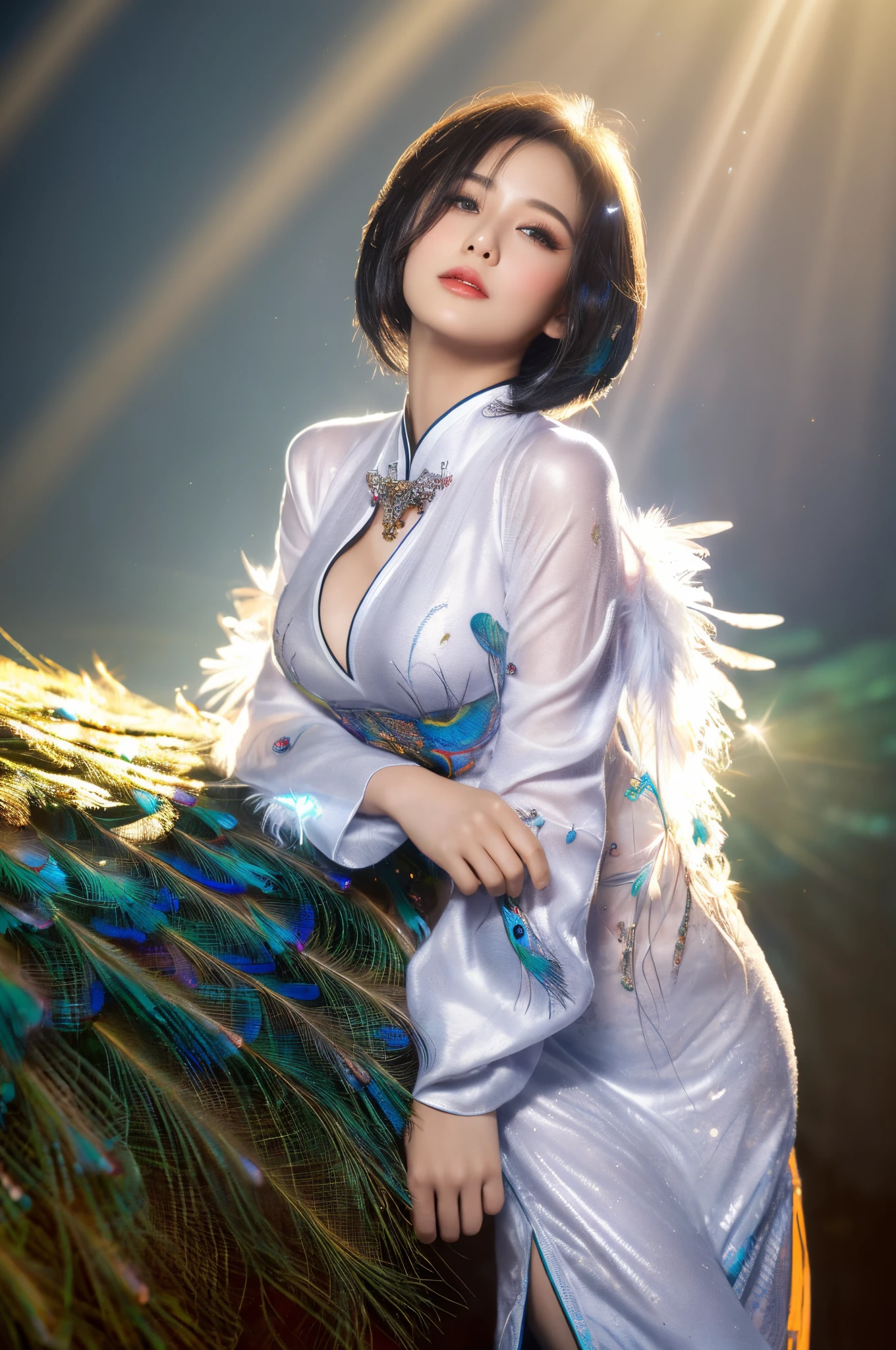 (tmasterpiece, top-quality, Best quality at best, extremly high detail, extremly high detail, offcial art, Beauty and aesthetics: 1.2), asiagirl, upperbody shot, Nice face, Alone, perfect body figure, Fly in the sky, portrait of one girl, Silver gradient hair, black hair color hair, faeries, Ambilight, (sexy for), suns rays, clouds, Hanfu, Chinese clothes, Eau, glowworm , natta, starrysky, jewely, There are feathers on the clothes, Peacock feathers, Light particles,