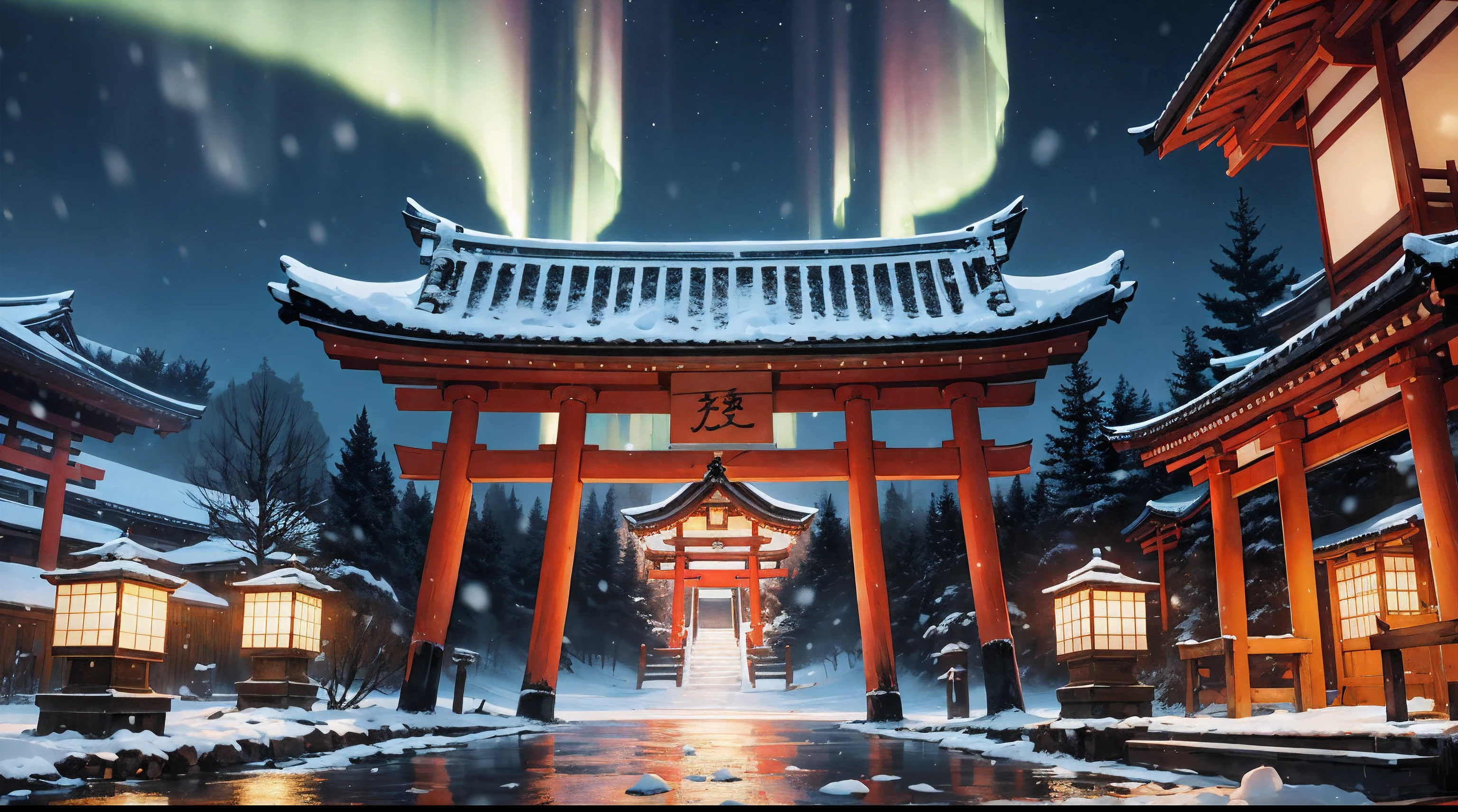 scenery, tree, shrine, outdoors, shimenawa, real world location, rope, east asian architecture, architecture, traditional media, day, building, shide,(Japanese Architecture:1.3), (Cornices:1.3), Japanese Shrines, (Torii:1.2), Wooden Pillars, Unreal Engine, Realistic, Detailed Rendering, Volumetric Lighting, Octane Rendering, Focus, Tyndall Effect, HD, Photography Style, Masterpiece, Perfect Work, Masterpiece, Award-winning work, intricately detailed,(The characters only take up 1/5 of the screen),1girl, japanese clothes, kimono, snow, outdoors, solo, black hair, tree, hair ornament, sash, shrine, floral print, sky, torii, looking at viewer, stone lantern, obi, night, winter, wide sleeves, snowing, architecture, flower, east asian architecture, standing, bangs, long sleeves, black kimono, hair flower, closed mouth, bare tree, stairs, sidelocks, lantern, scenery, long hair, print kimono,best quality, super detailed, masterpiece, illustration, (clear background), (detailed light), lighting, (clear sky), night, stars, starry sky, moonlight, water droplets with clear detail:, ripple: 1.1, ake: 1.1, colorful aurora,Dynamic, floating, luminous, League of Legends original painting, (wide-angle viewing angle: 5, )Highest detail, girl of the gods, Japanese shrine maiden, (walking slowly on the water:1.5), lights emanating from the house, (high contrast),(lam_style, colorful_hair),((masterpiece)), (realistic), (3d face:1.2), (solo:1.2), (original), (very detailed wallpaper), photographic reality, very detailed illustrations, (super intricate details), perfect detail Features, Perfect Detail, (Super Intricate Detail), Panorama,, (Cybernetically Enhanced), (Glowing Eyes), (Snow: 1.2), (Otherworldly: 1.5), (Candlelight: 1.2),, (Wood structure:1.2), (smooth:1.2), (night:1.2), (mystery:1.2), (hover:1.2), (float:1.2), (hover:1.2), (torii:1.2), ( Surreal: 1.2), (Fantasy: 1.2), (Radiation: 1.2), (Sparkle: 1.2), (Blink: 1.2), (Glow: 1.2), (Glow Pattern: 1.2),