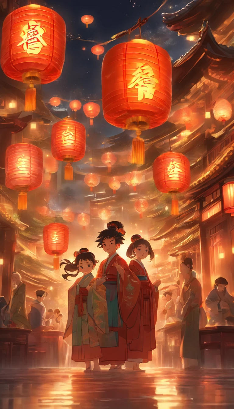 A(Three people)Eat mooncakes,Happy expressions of parents and a ,There are mooncakes on the table, Food in the hands, Full moon hanging lantern,Chinese-style painting, exciting illustration, HD8K, Rich plot, intricate background, Rich character details, Advanced perspective, Neon night view, rich atmosphere,Strong sense of three-dimensionality,Perfect scene detail, The overall style is rich、with dynamism.