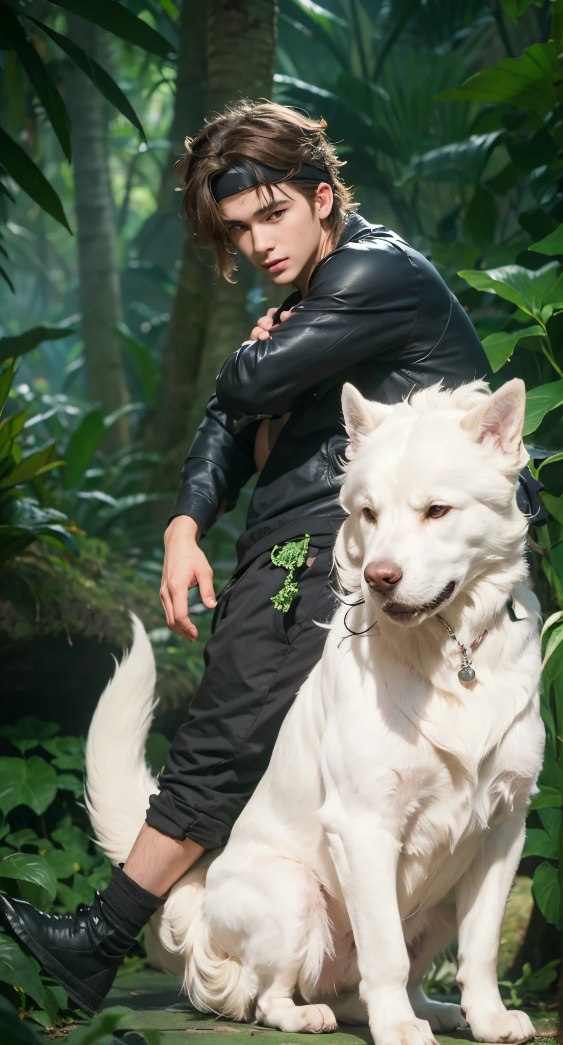 Real life adaption of this character ,teen handsome man,(realistic same messy upward hair with same ninja headband) , (realistic same outfit  ), realistic jungle background , realistic light, realistic shadow, realism, hyper realistic,(photorealistic:1.2),( realistic big white dog with The fur is thick and normal 2 ears)