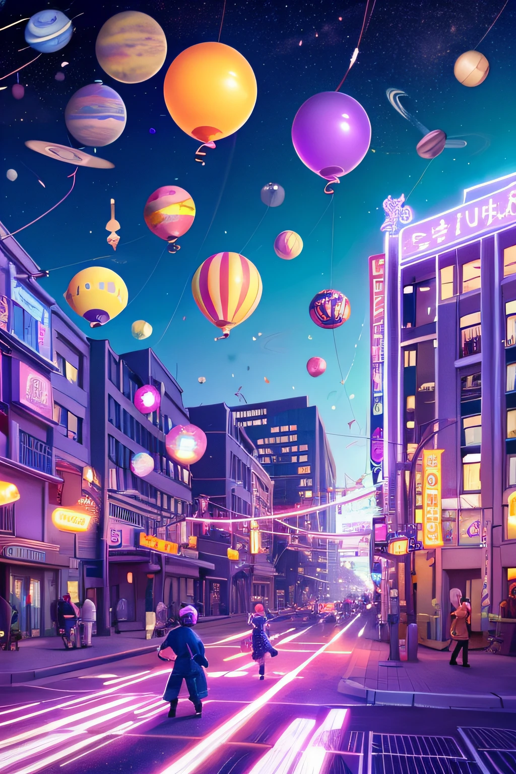 Flying City。A bright and soft daytime city with a purple color scheme and balloons, soap bubbles, and planets floating in the sky.。Children and adults alike are having fun。