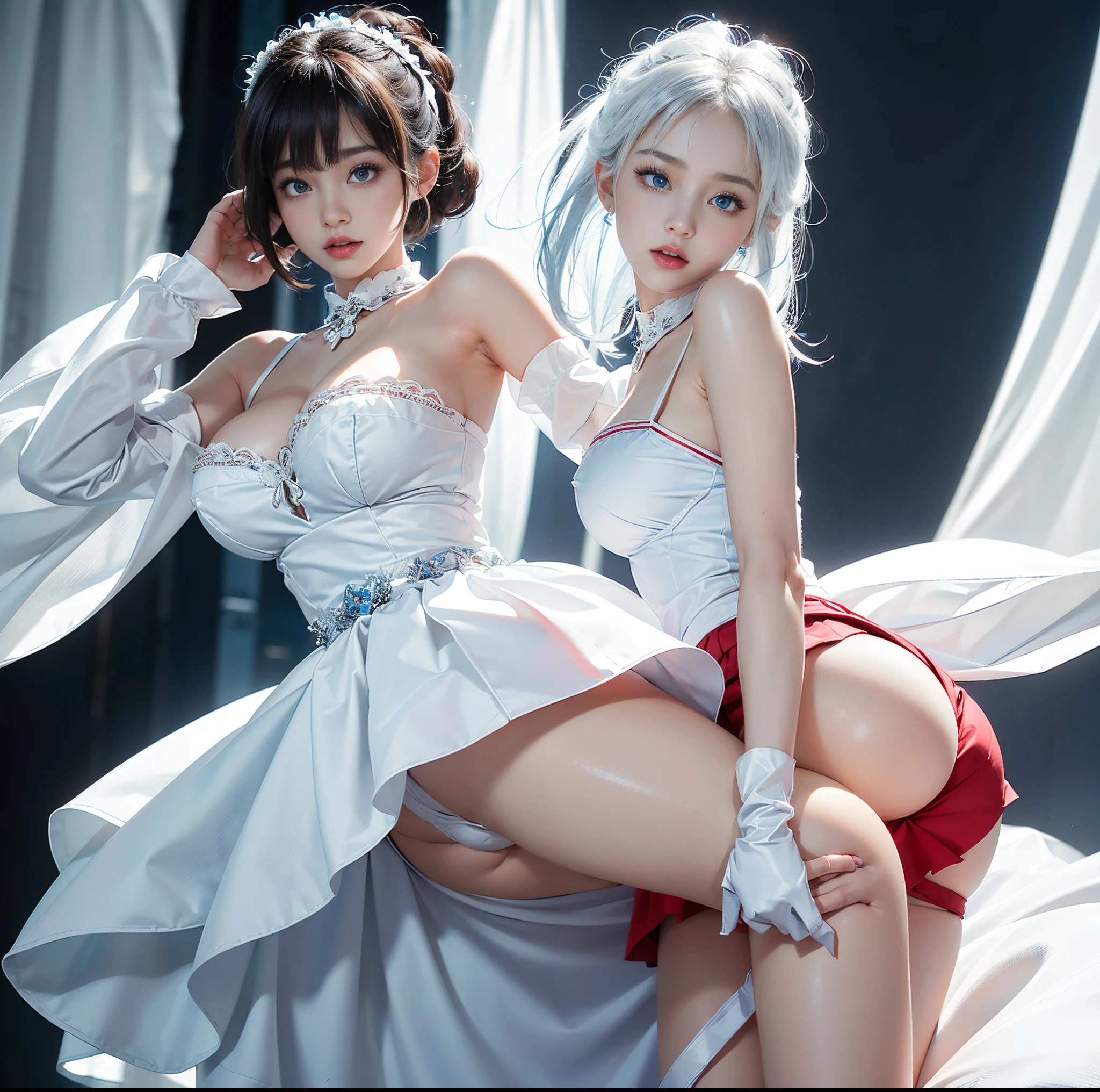 top-quality, 4K picture quality, masterpiece, Professional lighting without shadows, A hyper-realistic, perfect anatomia, Two girls, (with perfect body、Colossal breasts with tension:1.2), Evenly whitens bright skin, (Plump red tear bags and bright and beautiful blue eyes reflect a lot of light:1.2)、 Schoolgirl uniform with crimson ribbon tie、Dress up with a tight blouse made of ultra-thin white fabric that leaves no upper body skin exposed and an ultra-short ultra-mini pleated skirt., (Her skirt is too short and she's wearing white panties、Or your butt is visible:1.3), (Proudly showing off her taut huge breasts from the front through her blouse:1.2), Another girl on the other side shows off her big ass from behind,