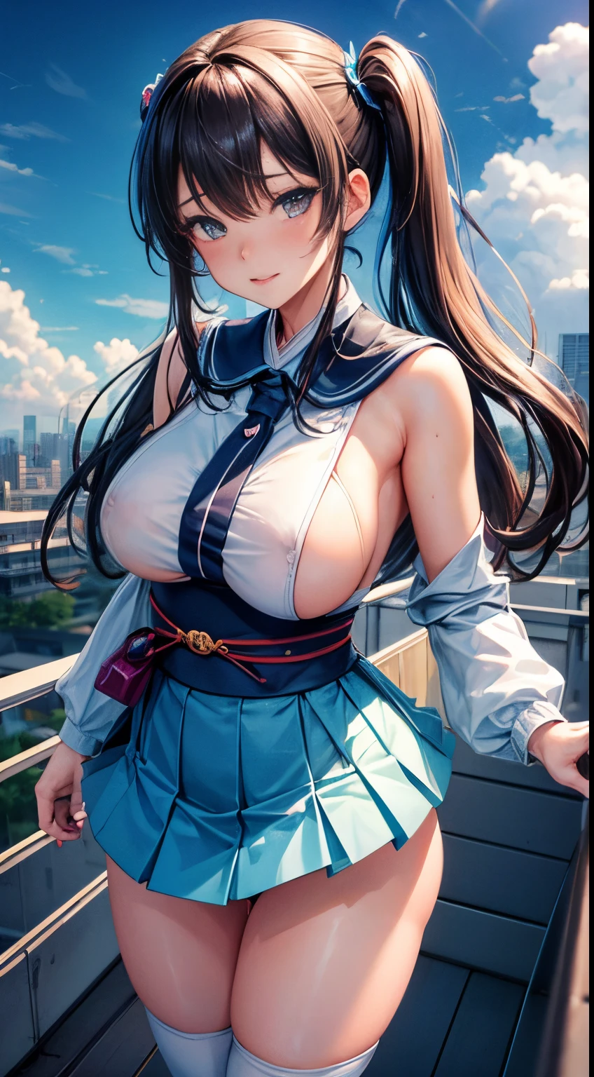 Buichi Terasawa, Anne Anderson, Surreal, mysterious, bizarre, fantastic, fantasy, Sci-fi, Japanese anime, beautiful high school girl in a miniskirt with white wings, flying from the roof of a high building, perfect voluminous body,  big tits large areola sling glistening, legs spread wide showing wet cameltoe, hyper sexy sensual erotic, bird's eye view, blue sky, cumulonimbus clouds, wide angle, hyper detailed masterpiece dynamic Movement action, provocative body, embarrassing blushing but enjoy looked at by men