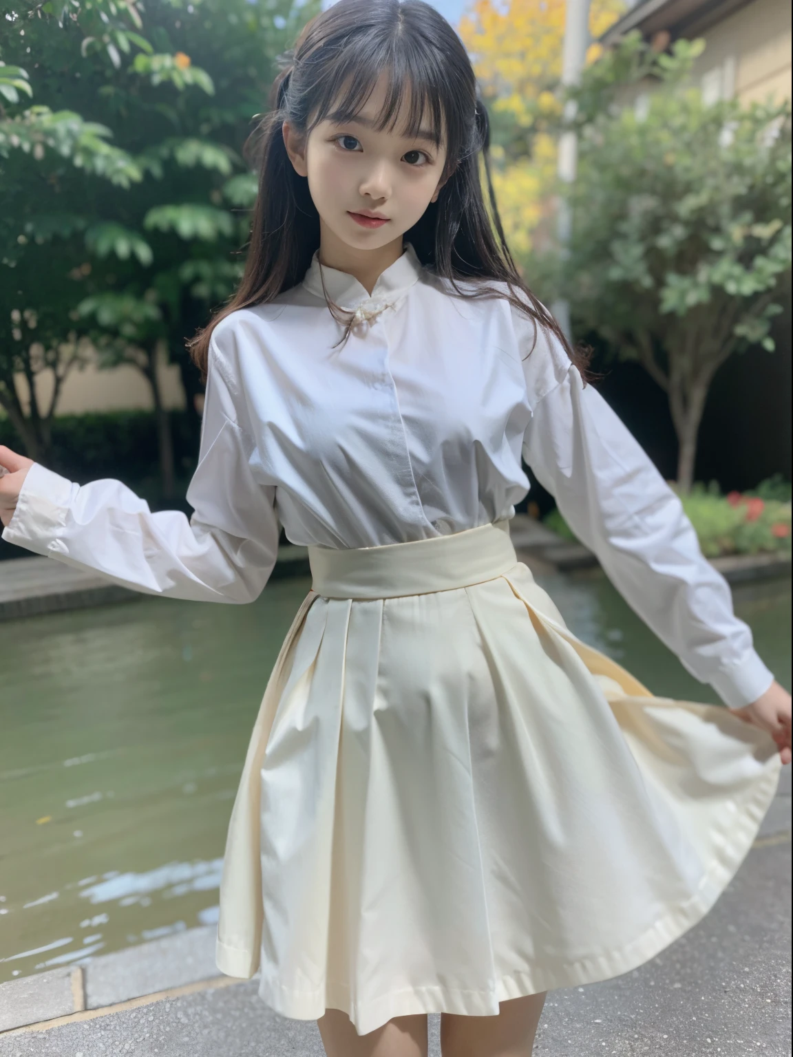 Original quality, highest quality, best image quality, exaggerated detail, cute 8-year-old asian girl with shy expression, slightly squinted eyes, adjust her hair, long eyelashes (long / very, in uniform) outdoors, posing in front of the camera, focus on breasts. Wear a white shirt.,boobs big breast,The chest is more exposed,short Thin silk lace petticoat
