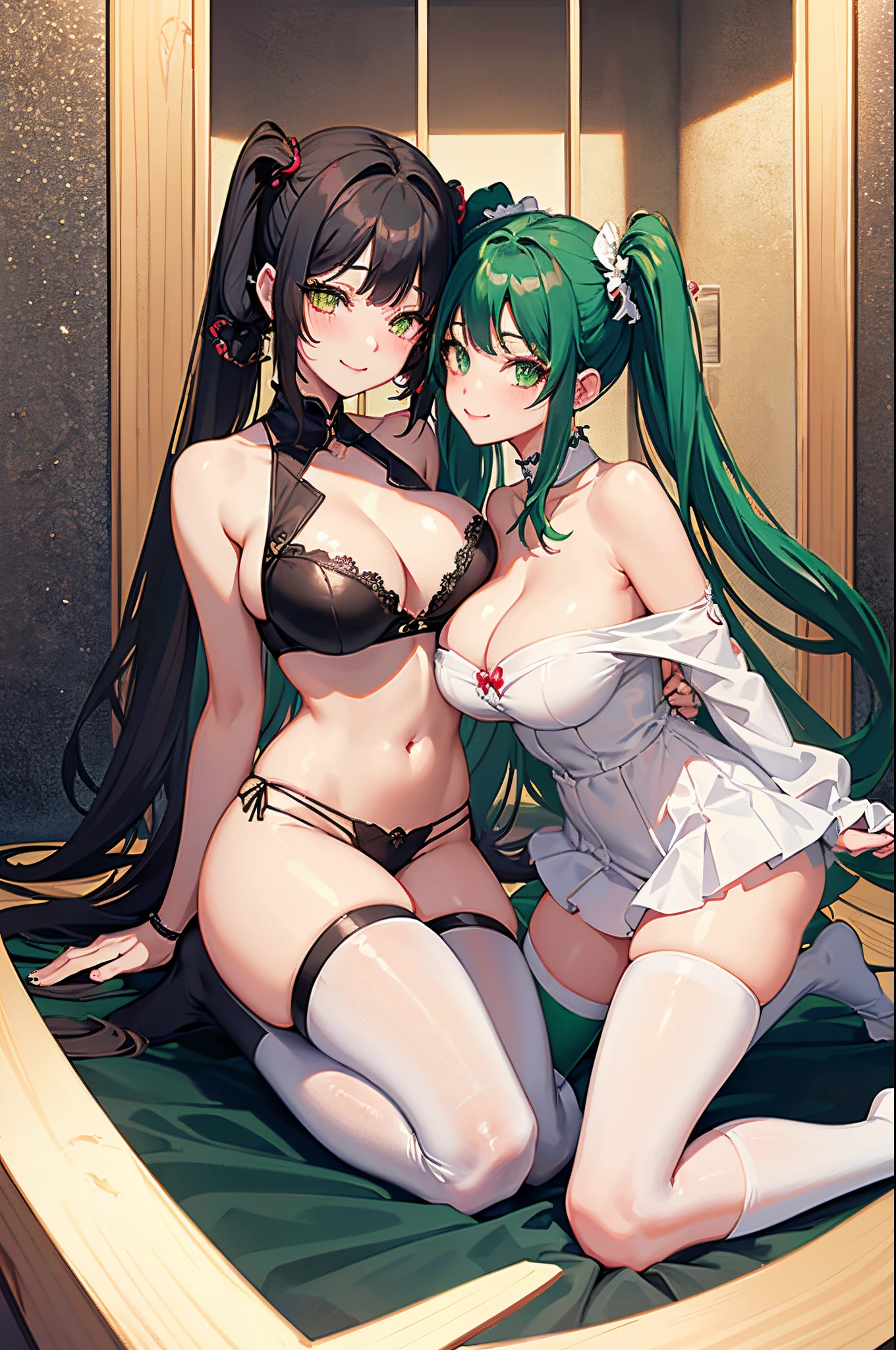 Two anime women of the same height kissing indoors, NSFW, Surreal 18-year-old beautiful girl, Anime 18 Year Old Beautiful Girl, Seductive Anime Girl, Kissing, Smooth Anime CG Art, ((Girl with black hair, Girl with Twin Tails, Cropped bangs, emerald eyes, Wear black knee socks, White lace pants)), nudde, Blushing, seducing smile, oppai, small curvy loli, [ 4 k digital art ]!!, ((with very massive breasts))