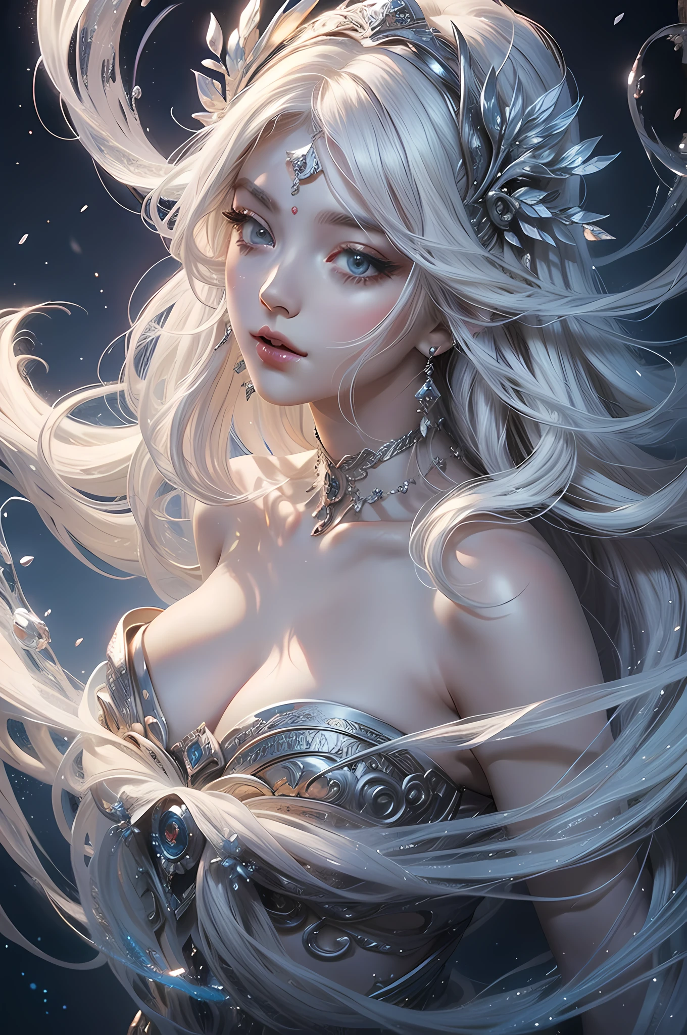 Goddess in ancient mythology，White color hair，Beautiful and delicate face，floated hair，offcial art，Extremely detailed ，Dynamic background，8k wallpaper，official aesthetics，Mythological aesthetics