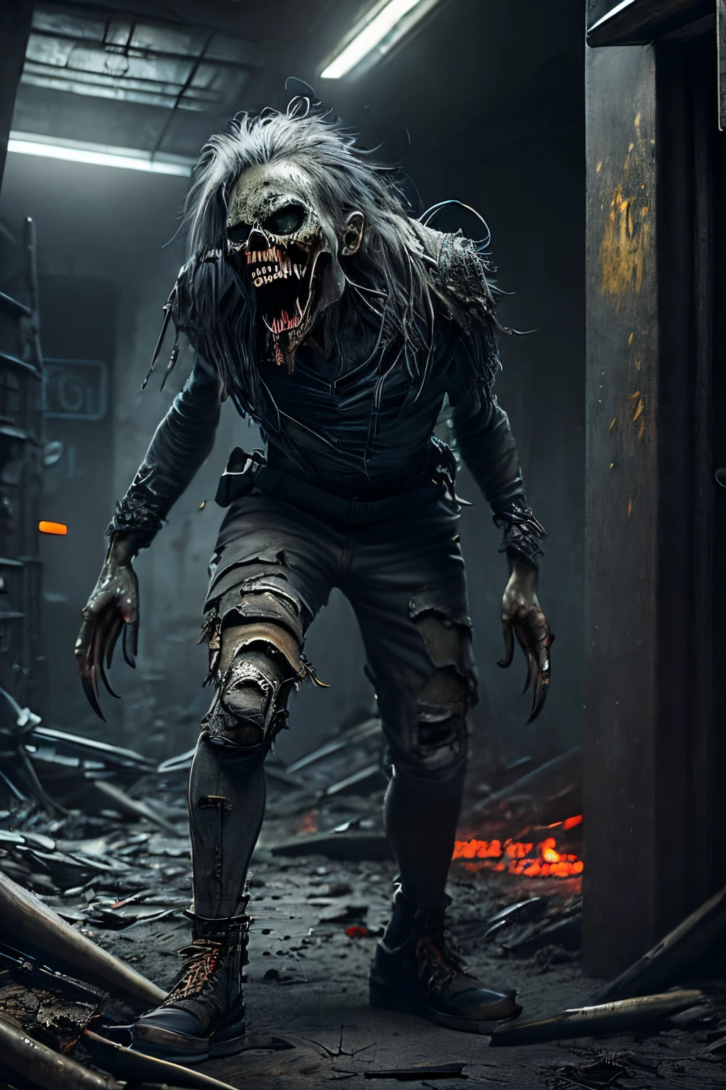 (extremely detailed 8k wallpaper), Dark Theme, (zombie), ((grey eyes)), uses (torn clothes), ((large claws)), ((sharp teeth)), ((gray skin)), fine focus, (subsurface dispersion:1.1), centered face, (((realistic))), (((Full Body))), award-winning photography, dramatic lighting, underground building.