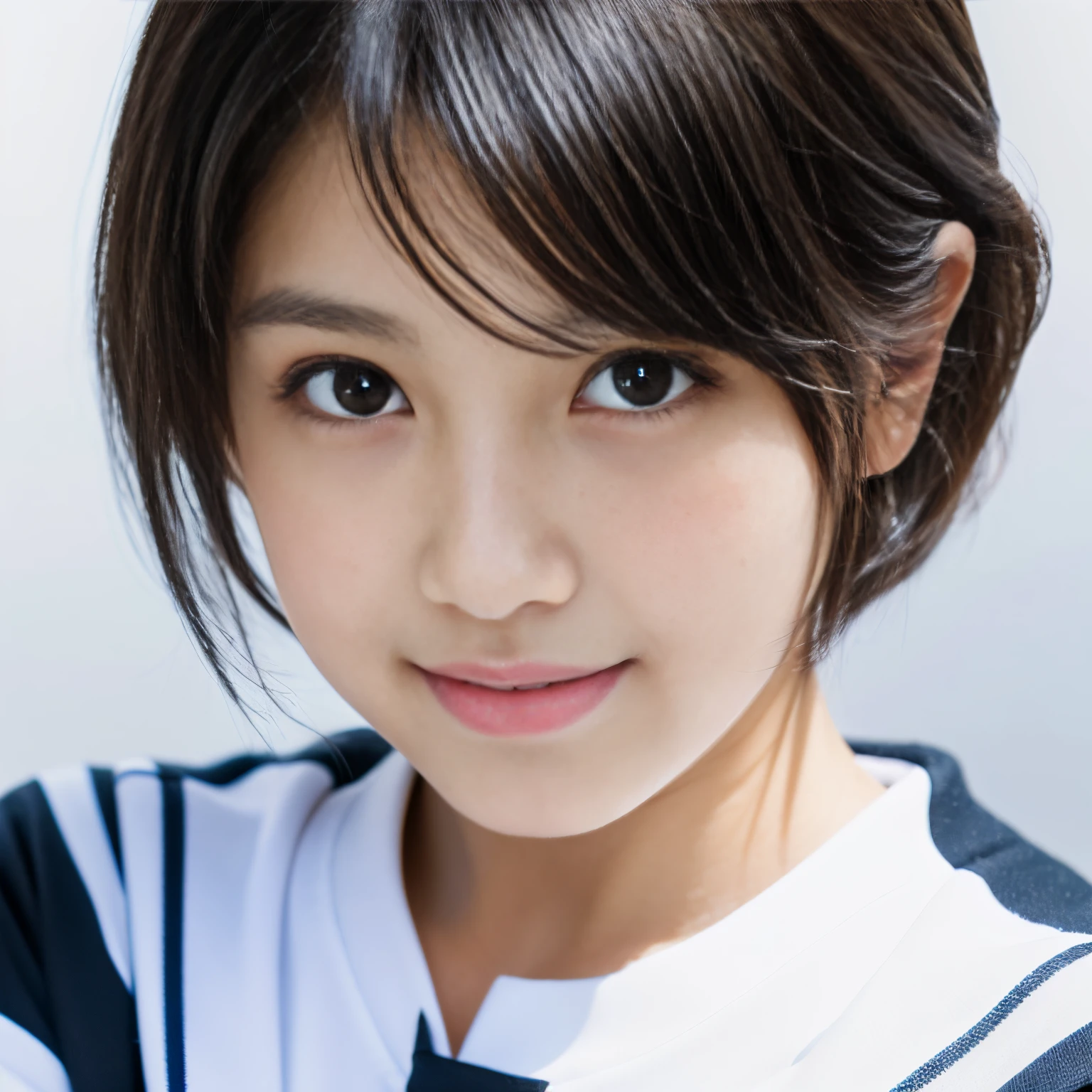 Best-quality, Masterpiece, Ultra-High-Resolution, (Photorealistic:1.4), Raw-Photo, Extremely-Details, Perfect-Anatomy,
1girl, -yeld, thost popular Japanese idol, portrait, wearing Japanese gym uniform, looking at viewer, innocent smile,
extremely cute face like a most famous Japanese idol, extremely beautiful big
black solid circle eyes, extremely beautiful long eyelashes, extremely beautiful lips, extremely beautiful black short cut haired,
detailed cute face, detailed beautiful big black solid circle eyes, detailed beautiful long eyelashes, detailed beautiful lips, detailed beautiful black short cut haired