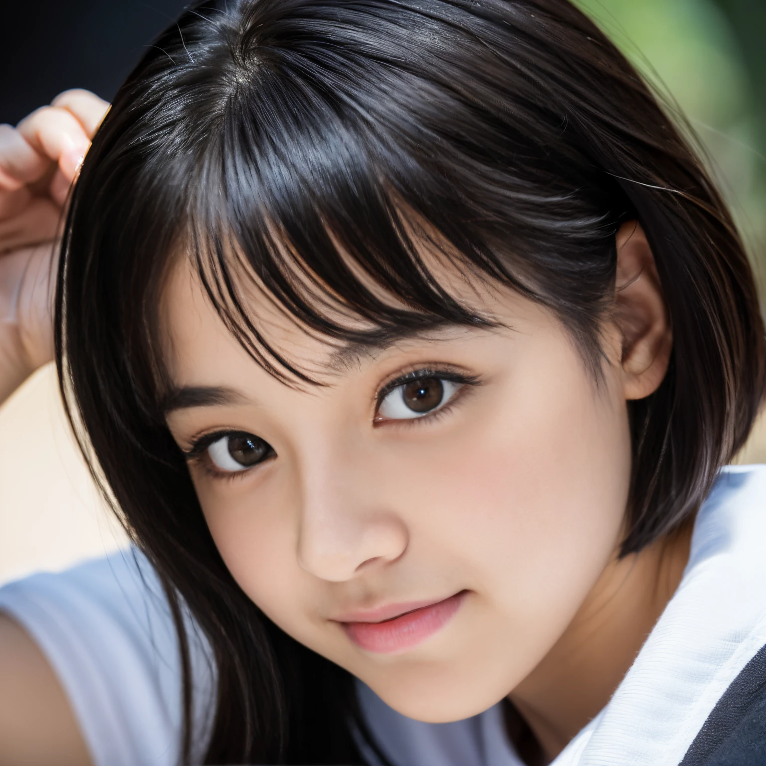 Best-quality, Masterpiece, Ultra-High-Resolution, (Photorealistic:1.4), Raw-Photo, Extremely-Details, Perfect-Anatomy,
1girl, -yeld, thost popular Japanese idol, portrait, wearing Japanese gym uniform, looking at viewer, innocent smile,
extremely cute face like a most famous Japanese idol, extremely beautiful big
black solid circle eyes, extremely beautiful long eyelashes, extremely beautiful lips, extremely beautiful black short cut haired,
detailed cute face, detailed beautiful big black solid circle eyes, detailed beautiful long eyelashes, detailed beautiful lips, detailed beautiful black short cut haired