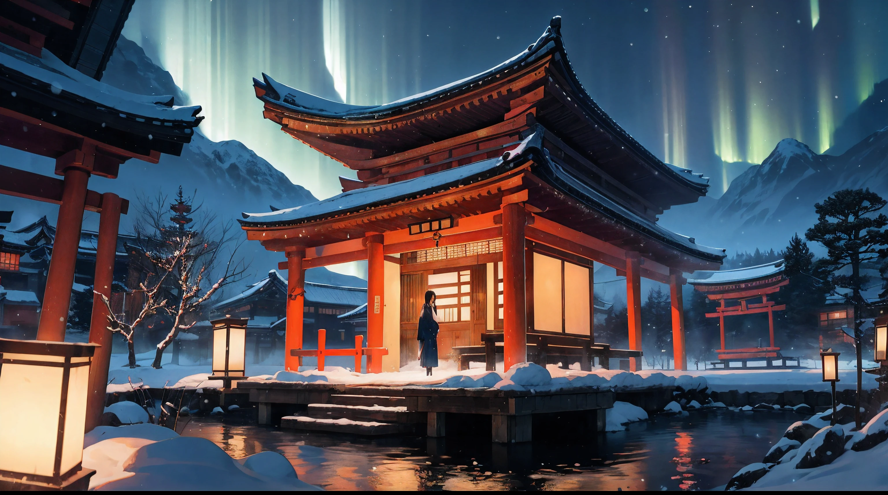 scenery, tree, shrine, outdoors, shimenawa, real world location, rope, east asian architecture, architecture, traditional media, day, building, shide,(Japanese Architecture:1.3), (Cornices:1.3), Japanese Shrines, (Torii:1.2), Wooden Pillars, Unreal Engine, Realistic, Detailed Rendering, Volumetric Lighting, Octane Rendering, Focus, Tyndall Effect, HD, Photography Style, Masterpiece, Perfect Work, Masterpiece, Award-winning work, intricately detailed,(The characters only take up 1/5 of the screen),1girl, japanese clothes, kimono, snow, outdoors, solo, black hair, tree, hair ornament, sash, shrine, floral print, sky, torii, looking at viewer, stone lantern, obi, night, winter, wide sleeves, snowing, architecture, flower, east asian architecture, standing, bangs, long sleeves, black kimono, hair flower, closed mouth, bare tree, stairs, sidelocks, lantern, scenery, long hair, print kimono,best quality, super detailed, masterpiece, illustration, (clear background), (detailed light), lighting, (clear sky), night, stars, starry sky, moonlight, water droplets with clear detail:, ripple: 1.1, ake: 1.1, colorful aurora,Dynamic, floating, luminous, League of Legends original painting, (wide-angle viewing angle: 5, )Highest detail, girl of the gods, Japanese shrine maiden, (walking slowly on the water:1.5), lights emanating from the house, (high contrast),(lam_style, colorful_hair),((masterpiece)), (realistic), (3d face:1.2), (solo:1.2), (original), (very detailed wallpaper), photographic reality, very detailed illustrations, (super intricate details), perfect detail Features, Perfect Detail, (Super Intricate Detail), Panorama,, (Cybernetically Enhanced), (Glowing Eyes), (Snow: 1.2), (Otherworldly: 1.5), (Candlelight: 1.2),, (Wood structure:1.2), (smooth:1.2), (night:1.2), (mystery:1.2), (hover:1.2), (float:1.2), (hover:1.2), (torii:1.2), ( Surreal: 1.2), (Fantasy: 1.2), (Radiation: 1.2), (Sparkle: 1.2), (Blink: 1.2), (Glow: 1.2), (Glow Pattern: 1.2),