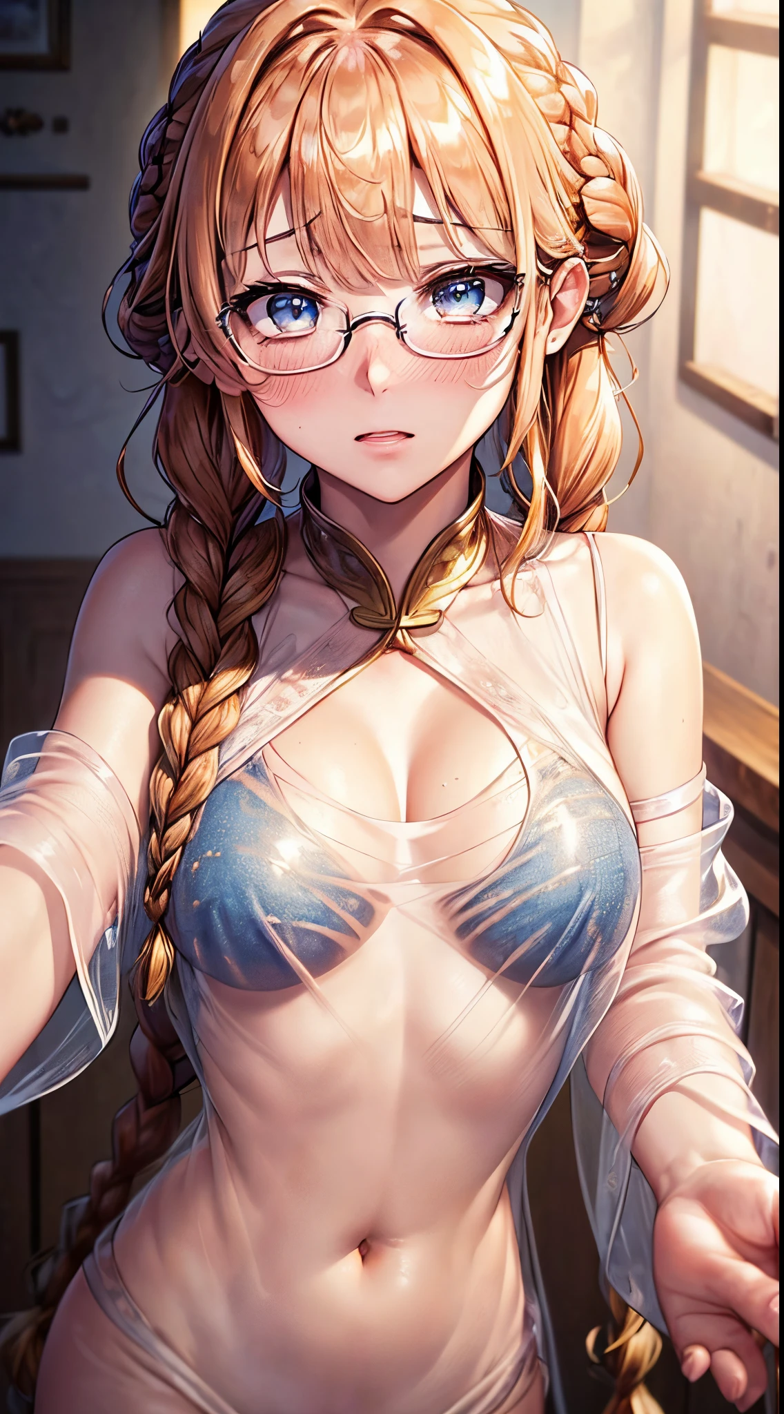 1womanl,Golden head hair, ,((Impatient expression)),Beautiful breasts,,well-styled,,(Facing the front)(((Blushing cheeks、Surprised look)),(((Braids))),((( Upper body portrait)))Frameless glasses,Blue eyes,(((Bangs are aligned)))((see -through))Sexy Bra