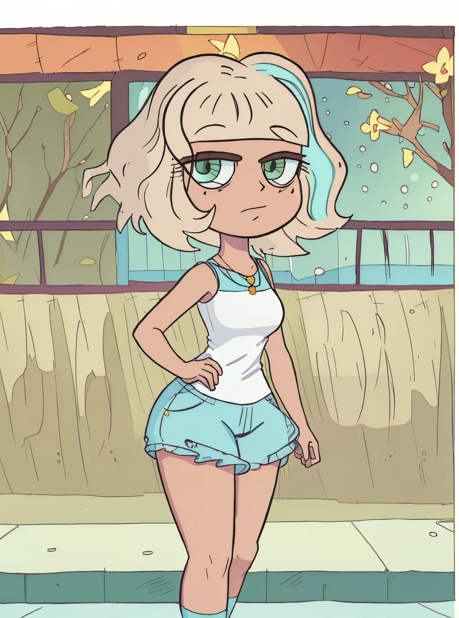 (La mejor calidad: 1.4), (Ultra detallado), (Luz detallada), (Cara linda extremadamente detallada), Amazing face and eyes, primer plano de Jackie Lynn Thomas con un top blanco y pantalones cortos color aguamarina, pantalones cortos, posando al frente, Foto de cuerpo entero, brazo posando en la cadera, caderas grandes, dark skin, caderas anchas, pechos grandes, Tight clothing, dynamic  pose, Looking at the camera, Gran detalle, Tight clothing, posando frente al espejo, mirada coqueta, Luz natural, High detail, Obra maestra, Hermosos pechos, Beautiful, La mejor calidad, Fondo de pantalla CG 8k unificado extremadamente detallado, high definition RAW color photos, Professional Photography, dynamic  lighting, (((Bokeh))), Profundidad de campos