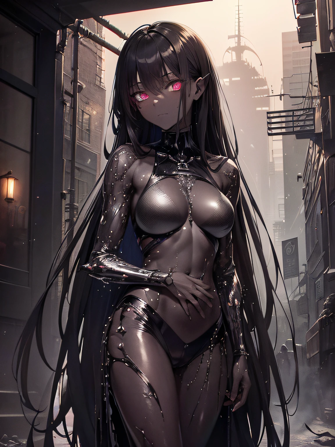 ((horror biopunk art)), ((biopunk atmosphere)), (beautiful biopunk anime girl), (dark grey skin), lamp eyes, very long brown hair, dark smile, open belly, steel biopunk clothing, steel dots in skin, (scorn videogame style), horror atmosphere, (presence of something terrible), highly detailed biopunk background, background by Hans Giger, perfect anatomy, masterpiece