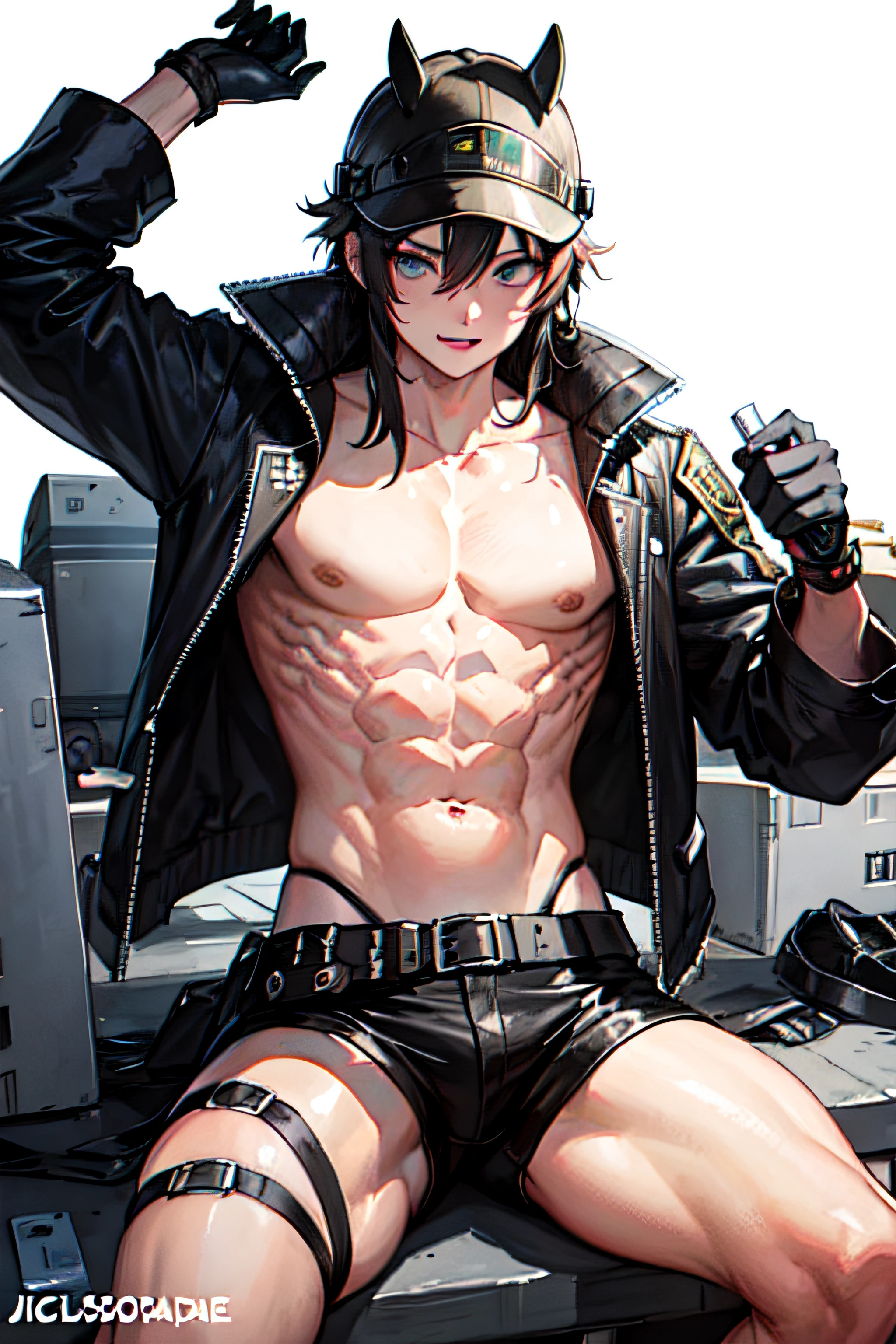 Anime character wearing helmet and safety belt posing for photo, (SFW) Seguro para o trabalho, handsome anime pose, ripped apart, musculous!!, [ rigidly defined abs ]!!, male anime characters, Super buff and cool, Jigachade is muscular, Firmware version, commission for high resolution, Tall anime character with blue eyes, musculous! cyber punk perssonage, sweaty abs