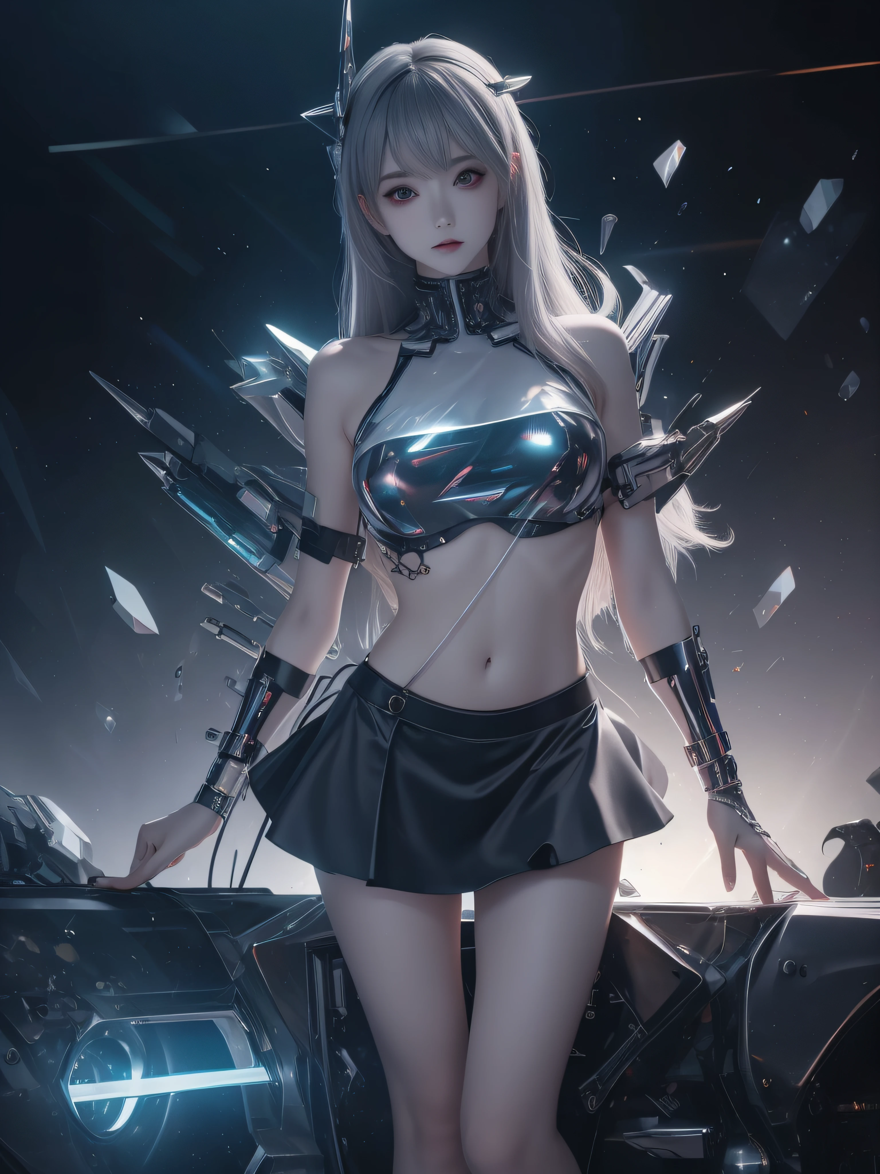 ((gray background, short skirt)) 8K uhd, materpiece, a beautiful girl, detaild eye, good face, detaild eyebrow, beautiful outfit, lighting outfit, cyberpunk, Cyberspace, cyberpunk shining outfit, neon effect, many color of lighting, whole body capture,