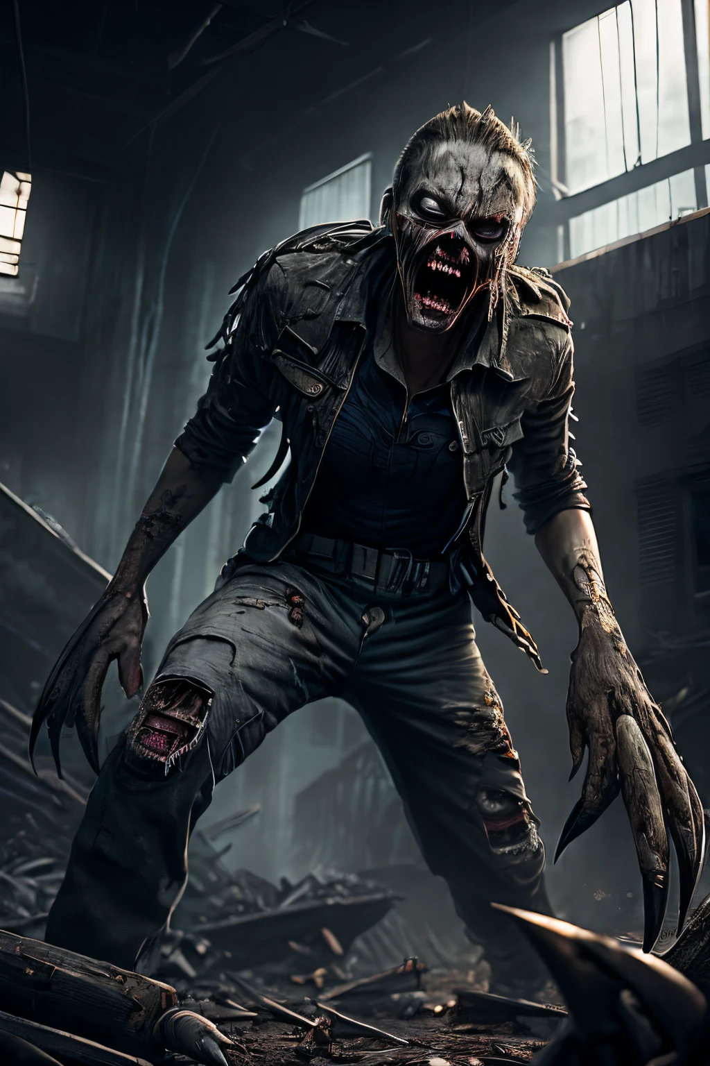 (extremely detailed 8k wallpaper), Dark Theme, (zombie), ((grey eyes)), uses (torn clothes), ((large claws)), ((sharp teeth)), ((gray skin)), fine focus, (subsurface dispersion:1.1), centered face, (((realistic))), (((Full Body))), award-winning photography, dramatic lighting, underground building.