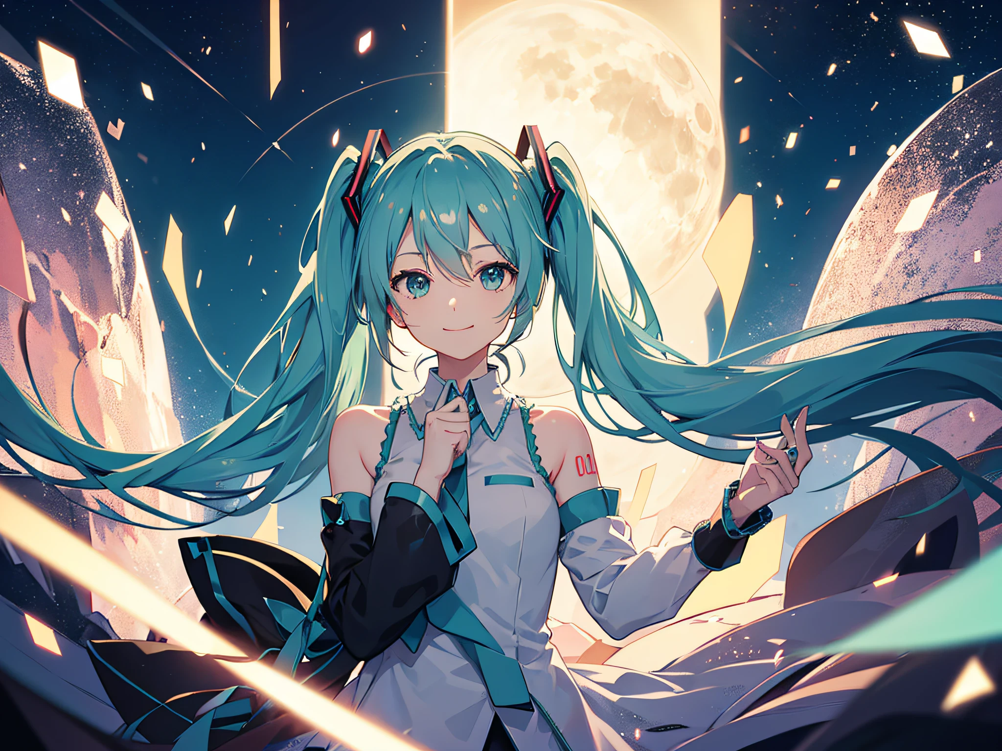 Hatsune Miku, night, upper body, diagonal view, smile