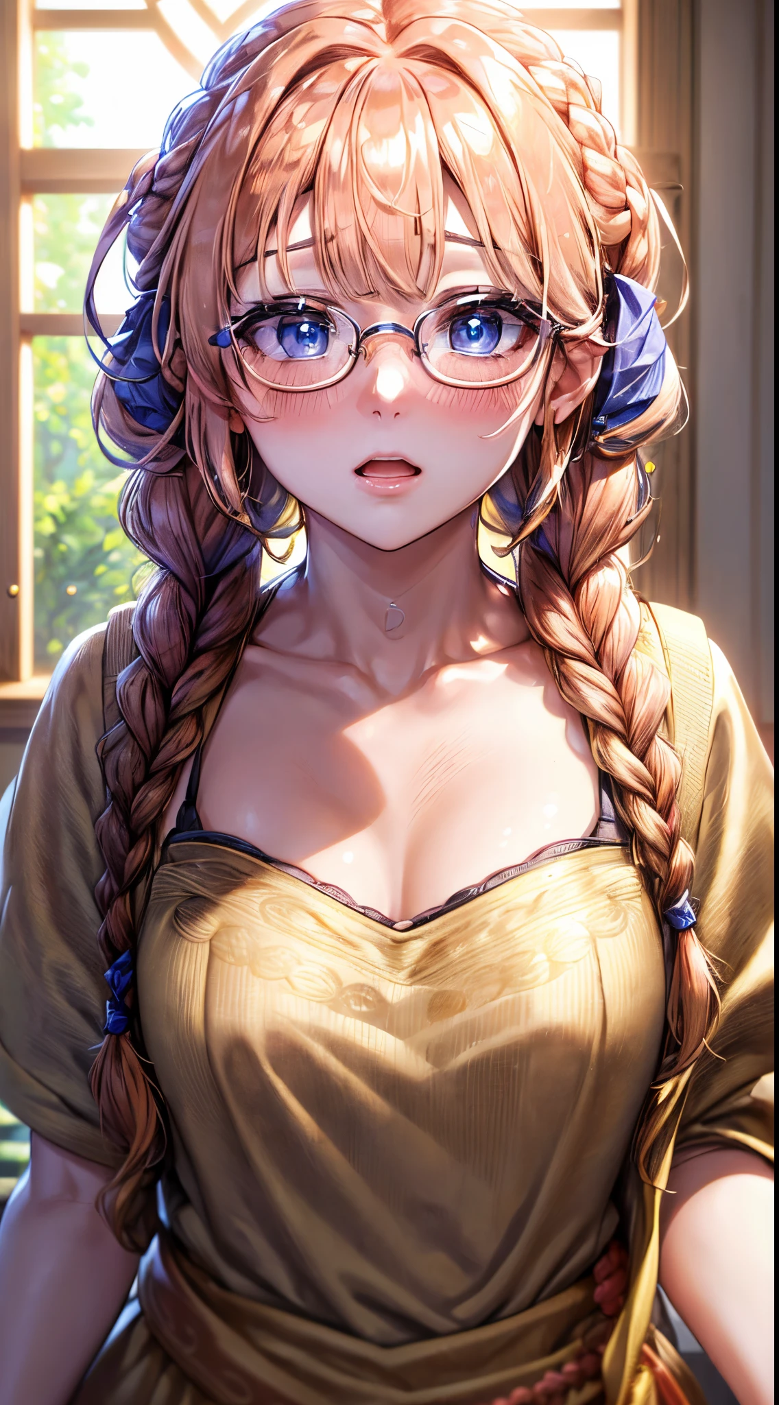 1womanl,Golden head hair, ,((Impatient expression)),Beautiful breasts,,well-styled,,(Facing the front)(((Blushing cheeks、Surprised look)),(((Braids))),((( Upper body portrait)))Frameless glasses,Blue eyes,(((Bangs are aligned)))(())Sexy Bra