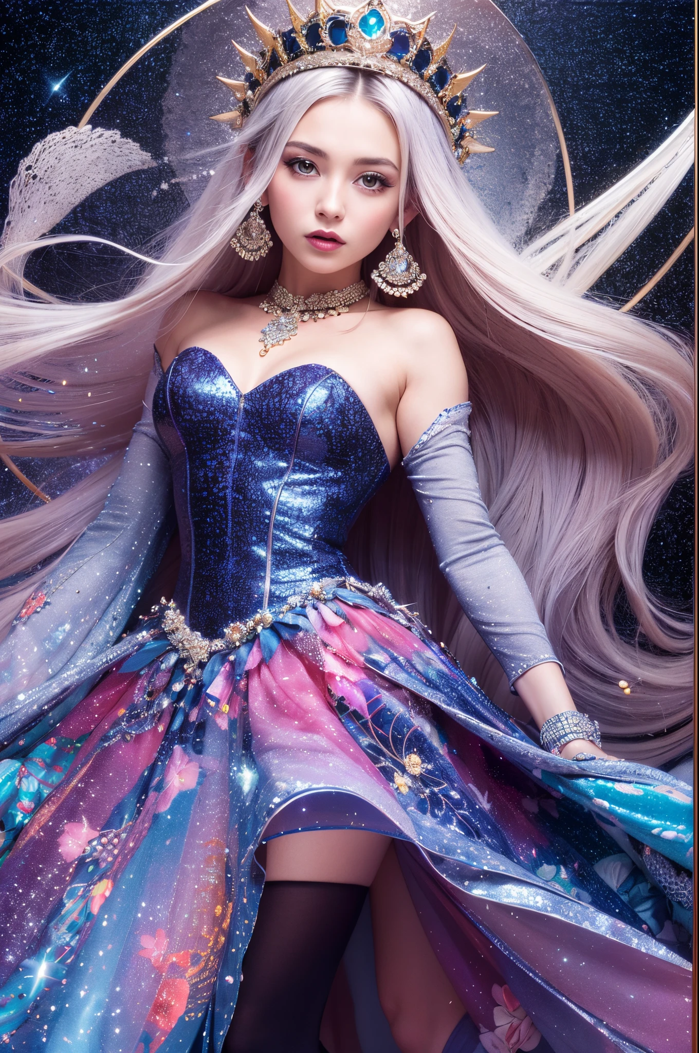 a beautiful princess set against a striking, abstract blue background adorned with swirling patterns reminiscent of celestial galaxies. Picture the princess in an exquisite gown, radiating elegance and grace, her presence accentuated by the vivid, artistic backdrop. Illuminate the scene with soft, ethereal lighting that enhances the princess's regal charm, creating a captivating and imaginative composition that transcends conventional settings. --auto --s2