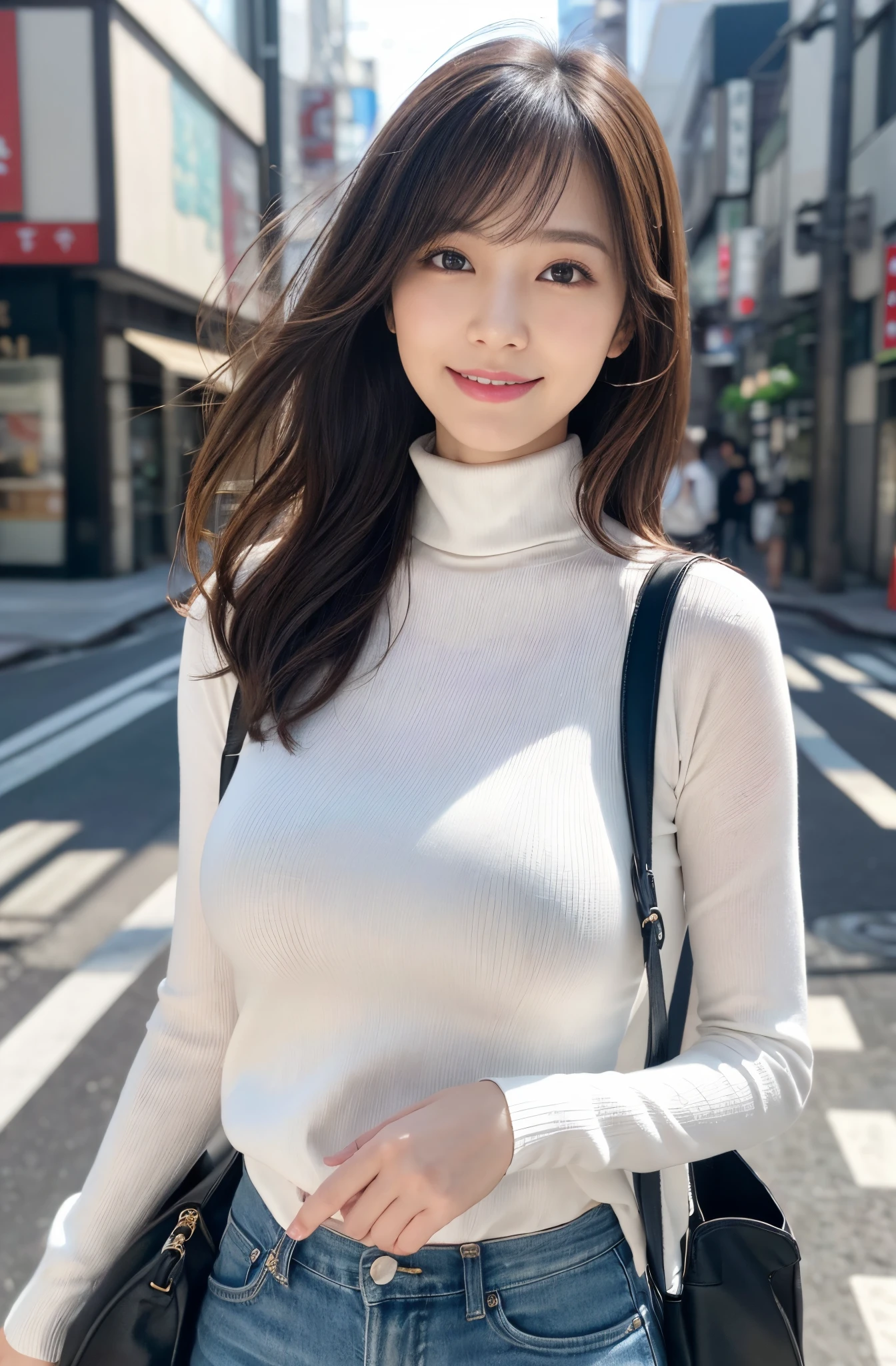 (Colossal tits、White Turtleneck Knit、Shoulder bag)、(top-quality,masterpiece:1.3,超A high resolution,),(ultra-detailliert,Caustics),(Photorealsitic:1.4,RAW shooting,)Ultra-realistic capture,A highly detailed,high-definition16Kfor human skin、 Skin texture is natural、、The skin looks healthy with an even tone、 Use natural light and color,Woman in her 40s,japanes,,kawaii,A dark-haired,Middle hair,Emphasize long legs,(depth of fields:1.3、chromatic abberation、、Wide range of lighting、Natural Shading、)、(Hair swaying in the wind:1.2)、(Bewitching smile:1.2),(appointment:1.2)、 Streets of Tokyo
