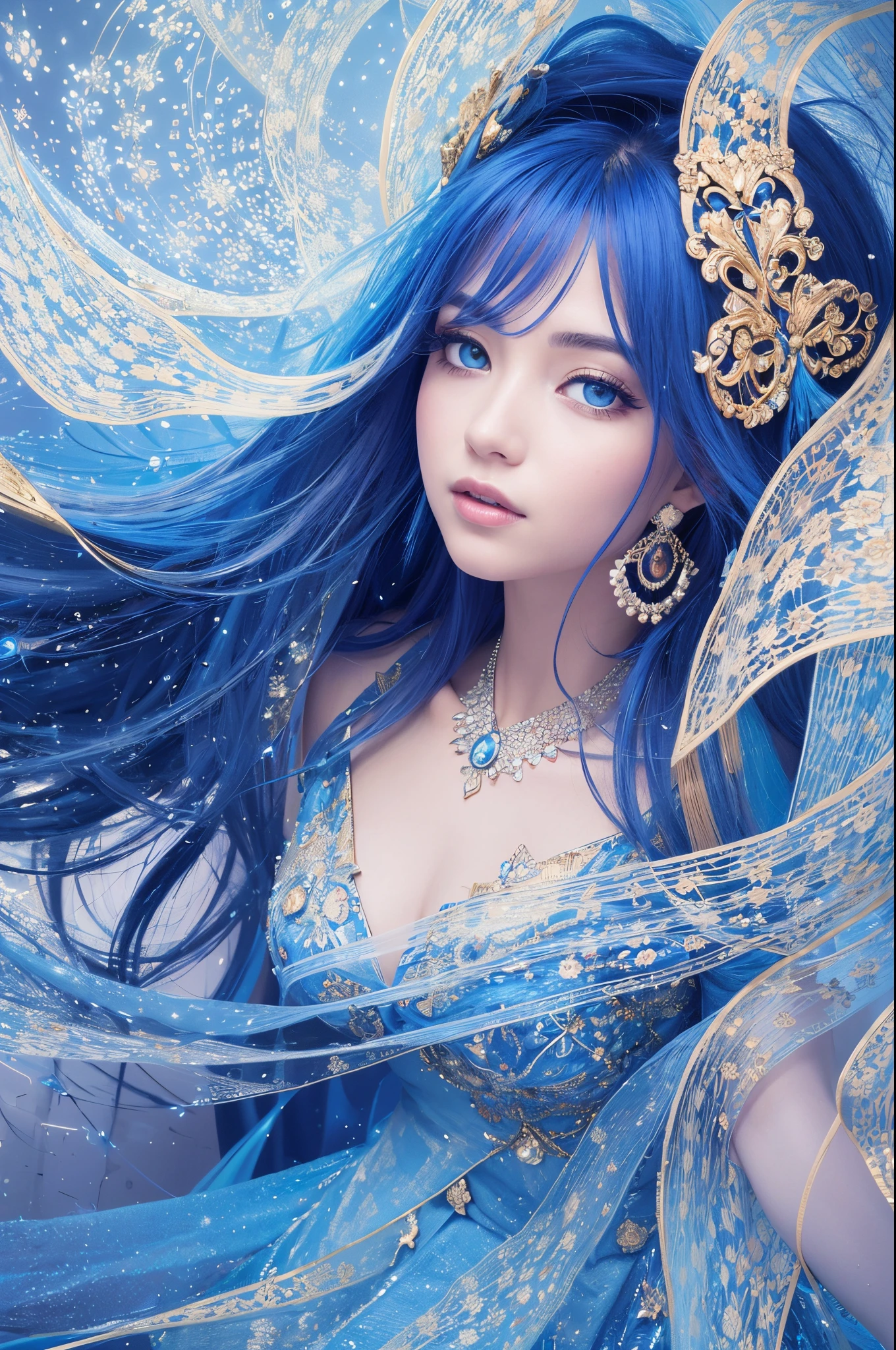 a beautiful princess set against a striking, abstract blue background adorned with swirling patterns reminiscent of celestial galaxies. Picture the princess in an exquisite gown, radiating elegance and grace, her presence accentuated by the vivid, artistic backdrop. Illuminate the scene with soft, ethereal lighting that enhances the princess's regal charm, creating a captivating and imaginative composition that transcends conventional settings. --auto --s2
