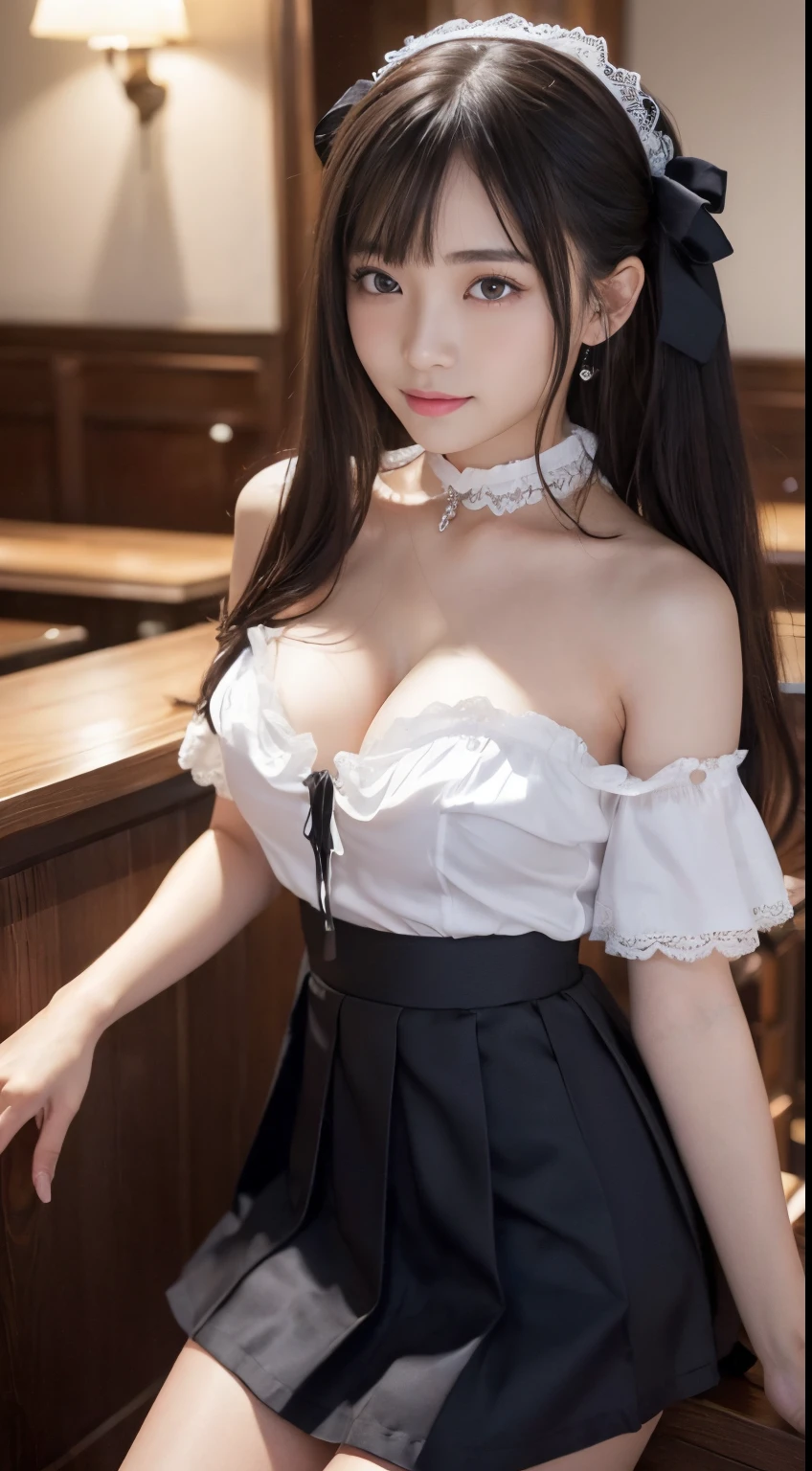 Masterpiece、masterpiece、1 girl per 1 photo、cowboy shot、Straight front view、japanes、Very young pretty woman、The cutest girl in the world、ar old、large full breasts、cleavage of the breast、Wearing a cute black maid outfit with short sleeves silky satin、Ultra-detailed costumes、(skirt rift:1.3)、(Lift up the hem of your skirt and show me your panties:1.4)、Lace panties、Smiling in a café、Headdress with black ribbon、scrunchie、a black choker、Glamorous figure、hyper cute face、shiny lip、Double eyelids in both eyes、 natural make up、long eyeslashes、Shiny smooth light brown hair、short twin tail hair、asymmetrical bangs、image in center、8K分辨率、high détails、Detailed hairstyles、A detailed face、spectacular movie lighting、octane renderings、with a vibrant、Ultra-realistic、Perfect limbs、perfect anatomia