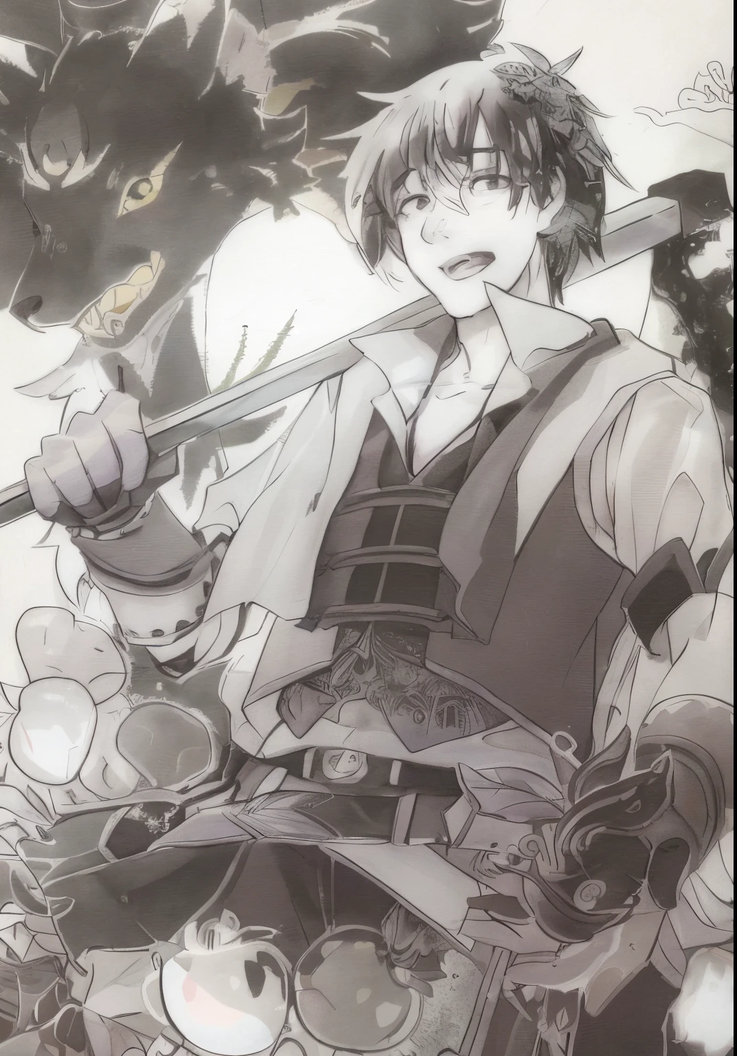 anime boy with a sword and a leaf in his hand, black and white manga style, black and white manga page, black and white manga, black and white manga panel, raposa nobushi segurando uma naginata, black and white manga comic, manga scans, striking manga artstyle, inspirado em Okumura Masanobu, detailed manga style
