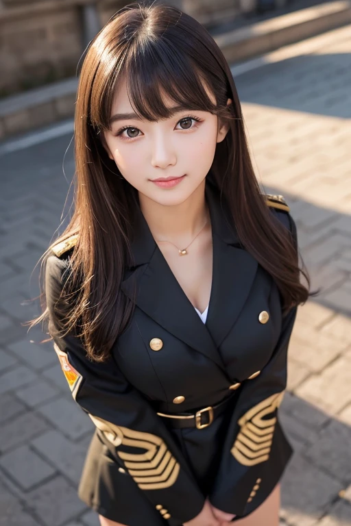 ((glistning skin))、1人、18 year old beautiful girl in Prague、bright expression、with round face、Glossy glossy skin、(Medium Hair)、eye liner、Beautiful bangs、Hair between the eyes、Digital SLR、Soft light、hightquality、natural soft light、Looking at the camera, Soft smile、Black military uniform、army、Small buttons in gold、Black miniskirt、Angle from above、Open chest of outerwear 1:8、Upper body naked、beutiful breast、beautiful nipple