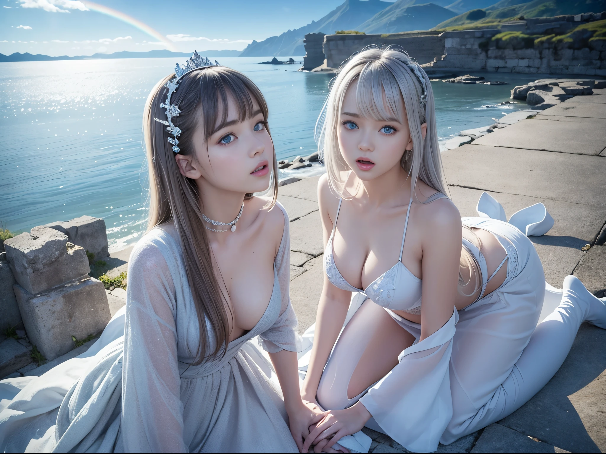 (masterpiece), realistic, beautiful face, cinematic light, bangs, ancient princess and her maid , full body, from above and side, outdoor, ancient ruins, beautiful eyes, silver hair, perfect anatomy, very cute,  (blue eyes) , bioluminescence, 8 life size,8k resolution, human hands, elegant, approaching perfection, dynamic, highly detailed, concept art, smooth, facing directly at the viewer positioned so that their body is symmetrical and balanced, stunningly beautiful teenage girl, detailed hairstyle, fractal art, god ray, 10yo, endured sadness expression, open mouth and stick out tongue, F-16 fighter jet chased by UFO, rainbow, winter, naked