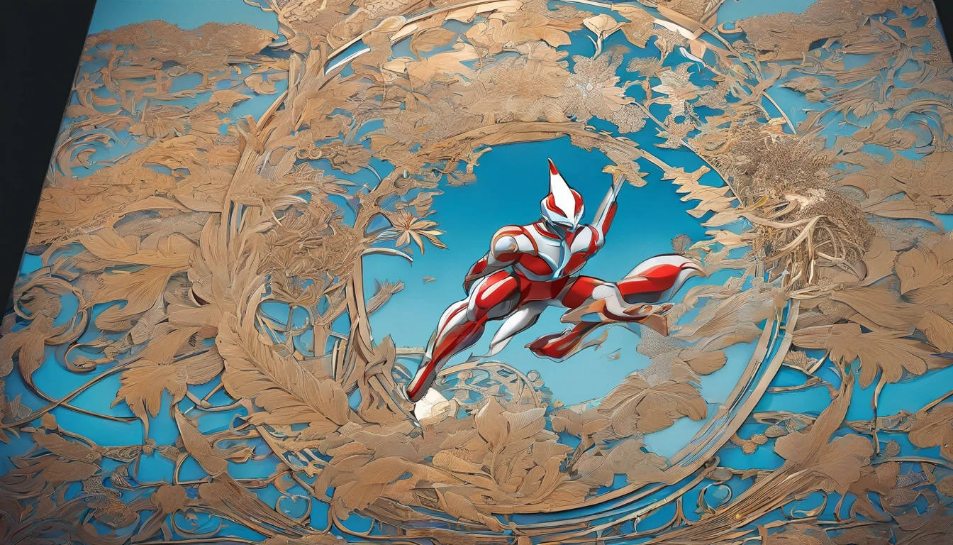 [ Amazing | astounding | delicated ] [Visually inspect the audience]Ultraman&#39;s character statue ， （Best quality， tmasterpiece）， 1人，combat scene， City smoke background，Blue Ultraman Tiga Color Color。[dot paper effect]，Ultra-clear image quality，32K，long-focus。