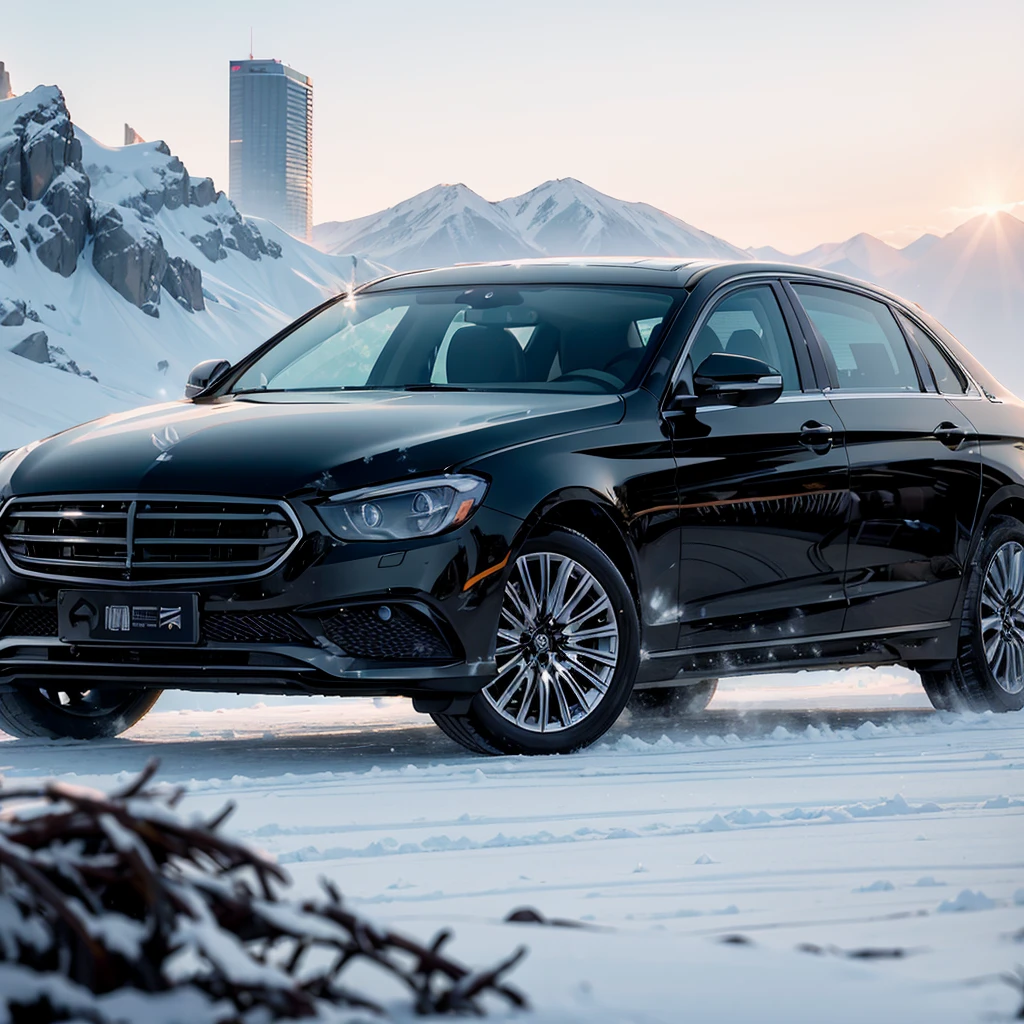(Close-up of a black car:1.2), （blizzard 1.3）（snow mountains：1.3，）（snowfield：1.3），Wallpapers，フォトリアリスティック，8K,high detal，Ultra photo realsisim