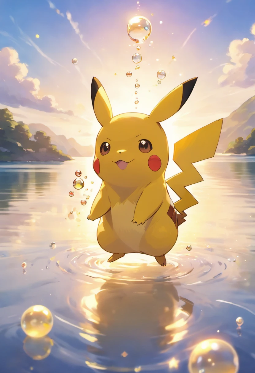 An inspiring scene in ultra-high definition 3D showing Pikachu making a wish on the shore of a tranquil lake. Pikachu, Beautifully rendered down to the smallest detail, Bubbles are seen gently blowing into the air, Each has a hopeful wish. Bubbles capture the reflection of the setting sun, Dreamy creation, magical effect. The overall atmosphere is soft, Full of hope and tranquility