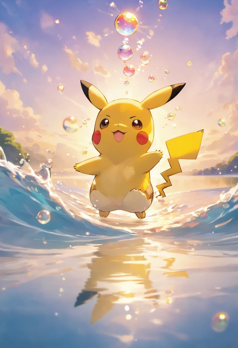 An inspiring scene in ultra-high definition 3D showing Pikachu making a wish on the shore of a tranquil lake. Pikachu, Beautifully rendered down to the smallest detail, Bubbles are seen gently blowing into the air, Each has a hopeful wish. Bubbles capture the reflection of the setting sun, Dreamy creation, magical effect. The overall atmosphere is soft, Full of hope and tranquility
