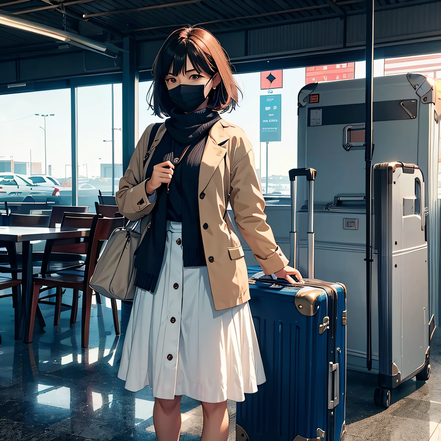 A woman who is,Wear a mask,Hand pull suitcase,Stand still