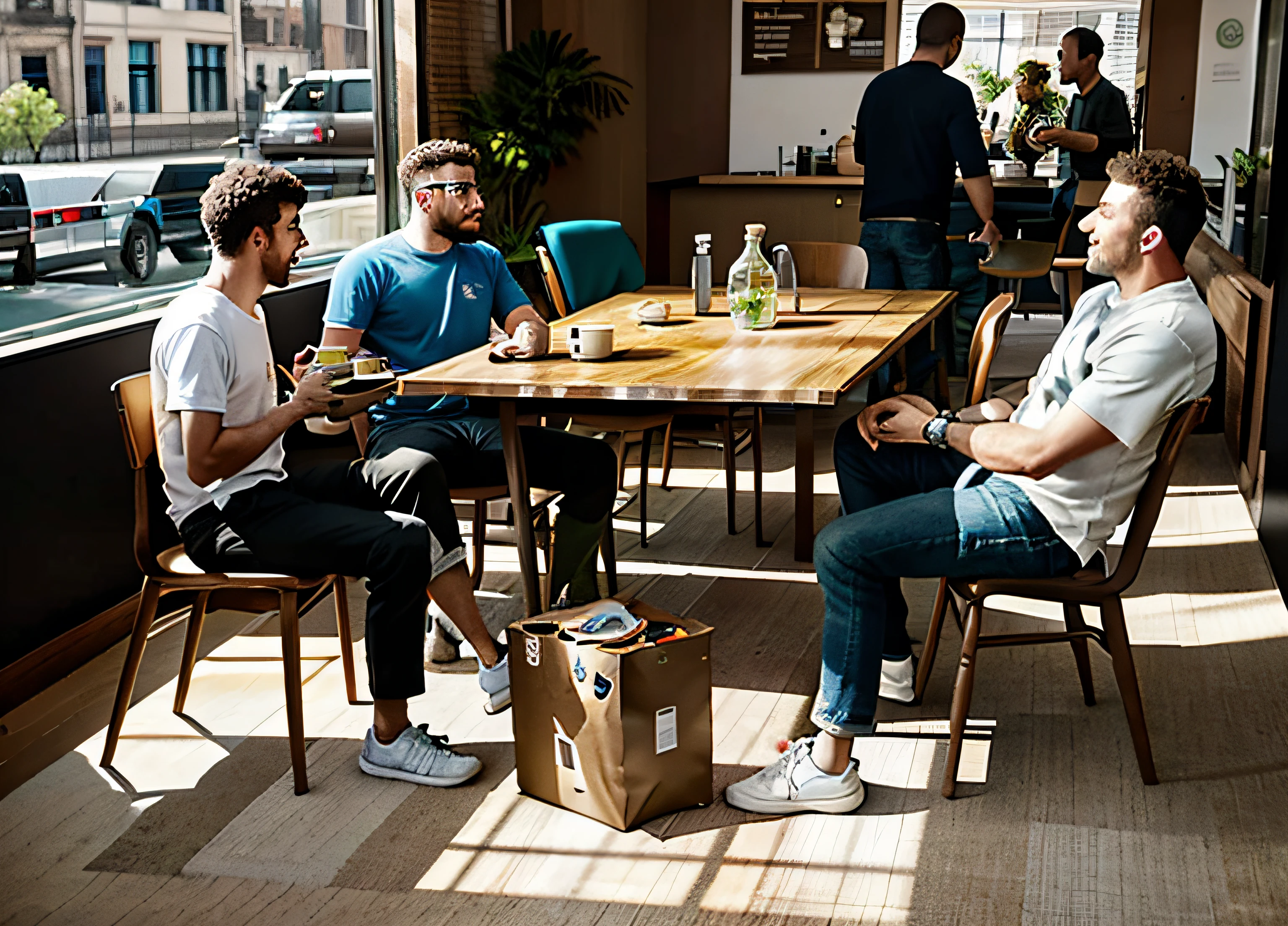 People sit at a table, group sitting at table, people sitting at table, coffee table, form, people outside eating meals, inspiring, environmental shot, In an open workspace, On the table, center focus on table, afternoon hangout,