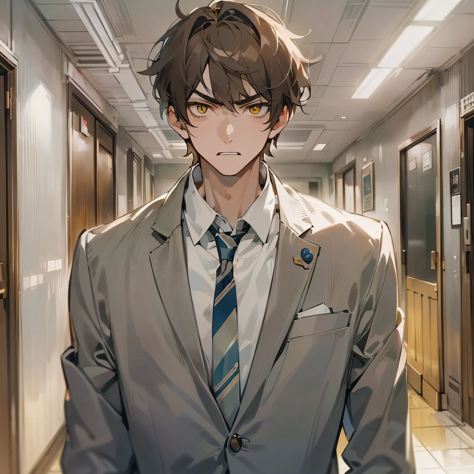 masterpiece、hightquality、25 year old man with short brown hair and yellow eyes、Like a cartoon in Japan、Wearing a gray suit、(Alone:1.5)、(Angry look:1.1)、(Close-up of your face:1.3)、(Only the upper body is shown.:1.3)、The background is the hallway of the apartment、Bold composition、