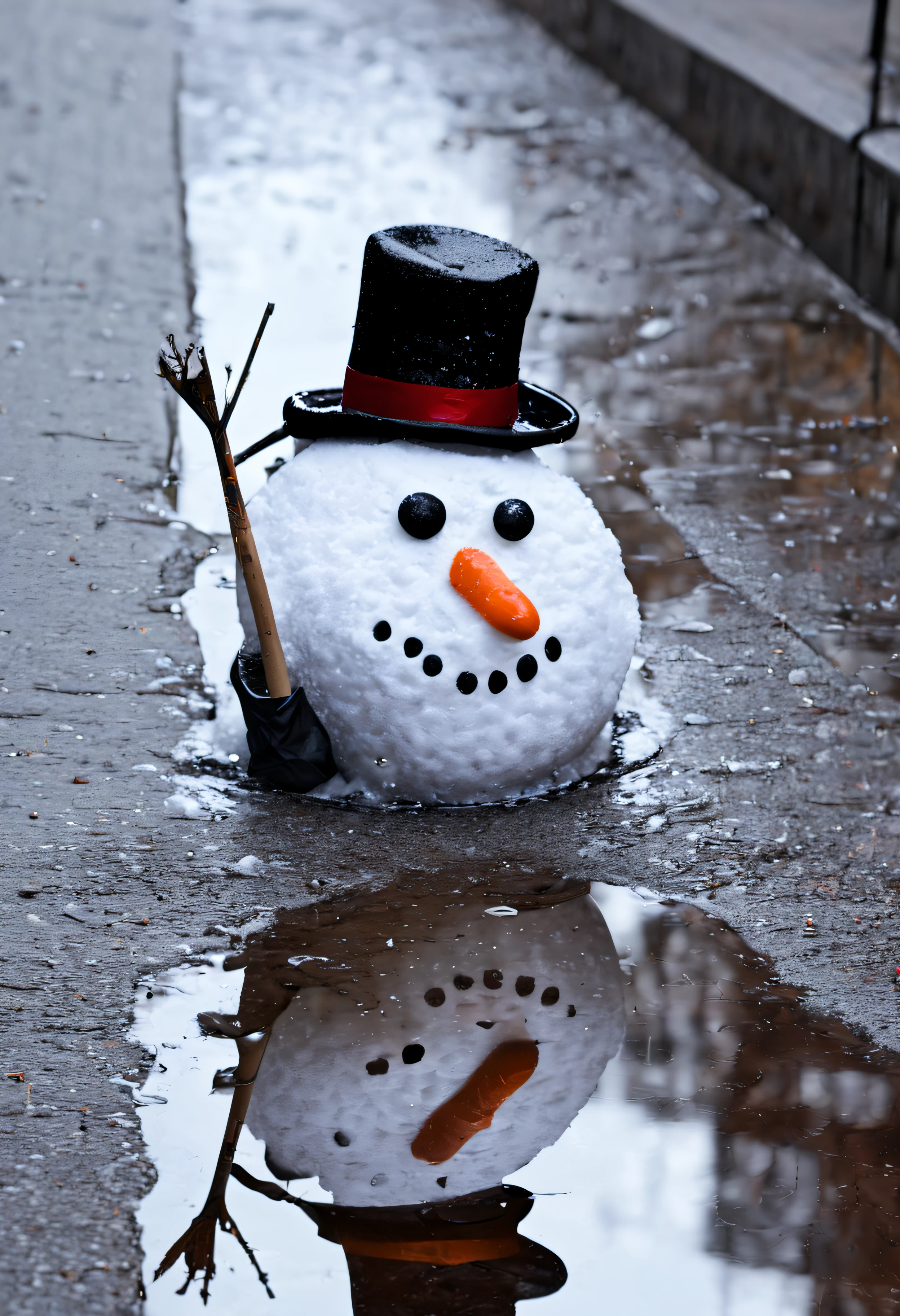 Photo (sad face:1.8) snowman's tilted melting head with tophat, in a small puddle of water on a sidewalk, (stick arms:1.8) at his side lying in the street