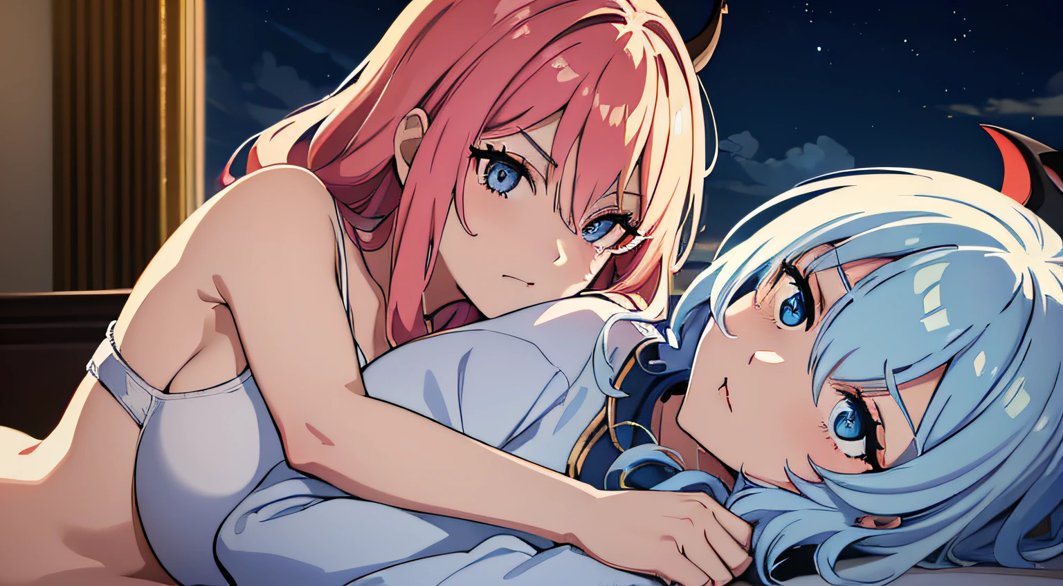 (2 demon girl), (beatiful eyes finely detailed, face to detail, two tone hair color, have horns), knight armored, contemptuous facial expression, hugging each other, on top of the bed, middle age bedroom, night time, masterpiece, top-quality, detailed, high resolution illustration.