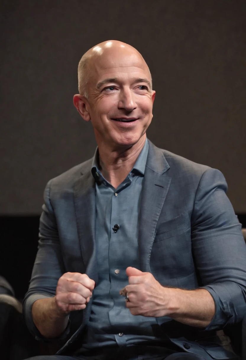 A photo of Bezos at a private screening of his favorite movie,original,Jeff Bezos, the founder of Amazon, is known for his bald head and often a warm, yet measured smile, presenting a recognizable and influential figure in the tech world. He usually appears in public wearing professional yet relatively understated attire, reflecting his practical approach to business and life. He’s gotten absolutely jacked after taking lots of testosterone and HGH.